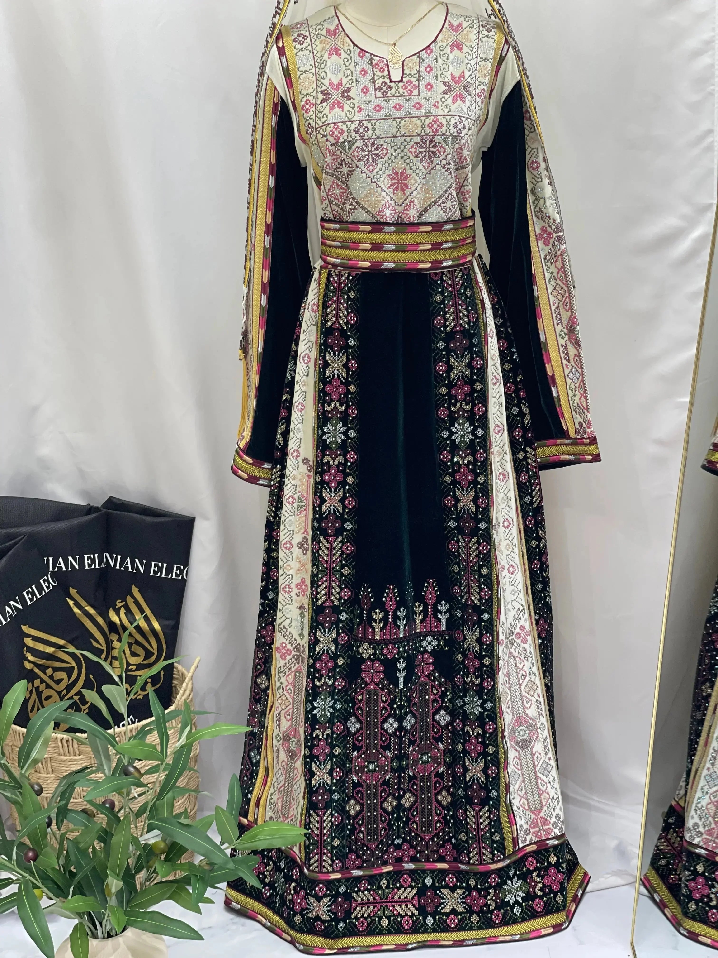 2-Color Spandex Velvet Embroidered Thoub | Elegant & Comfortable Formal Wear Palestinian Elegance