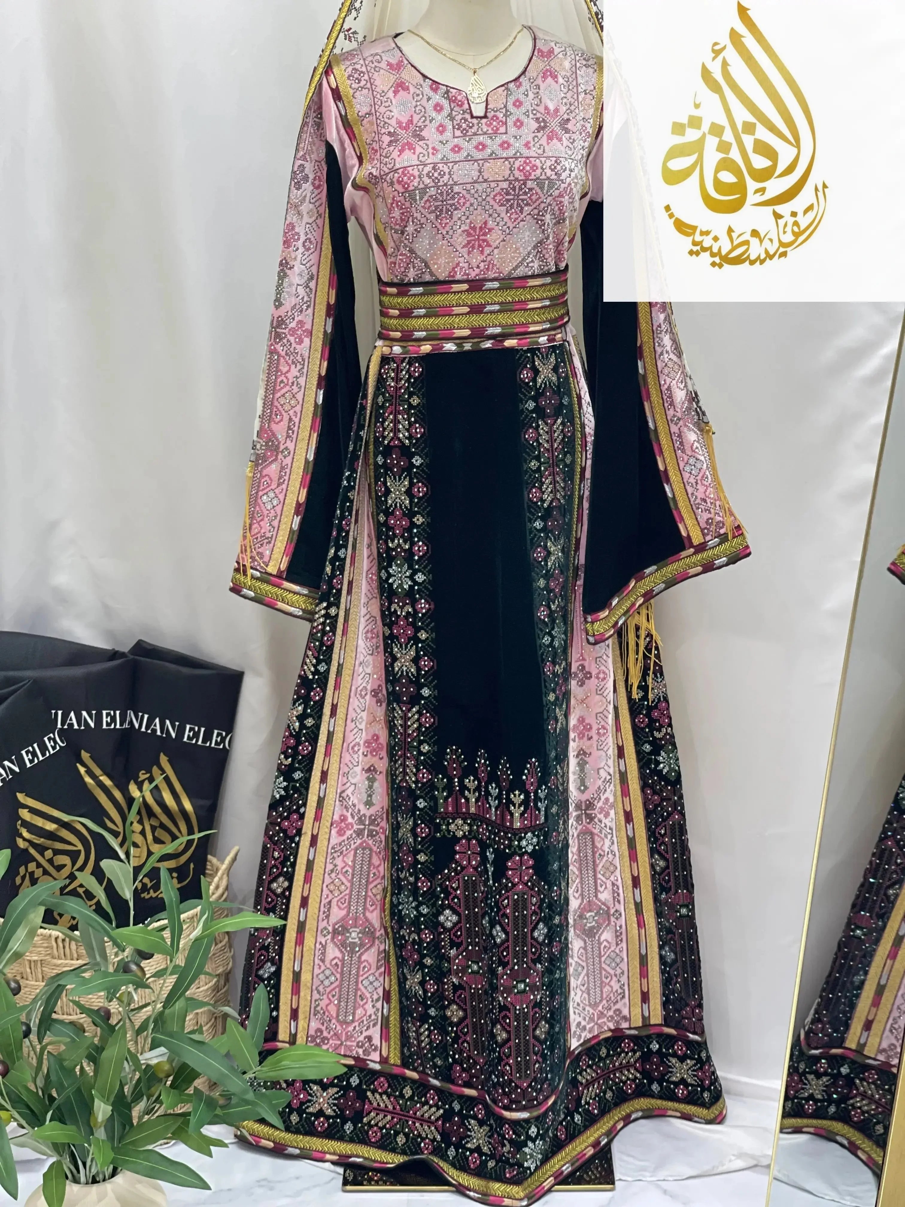 2-Color Spandex Velvet Embroidered Thoub | Elegant & Comfortable Formal Wear Palestinian Elegance