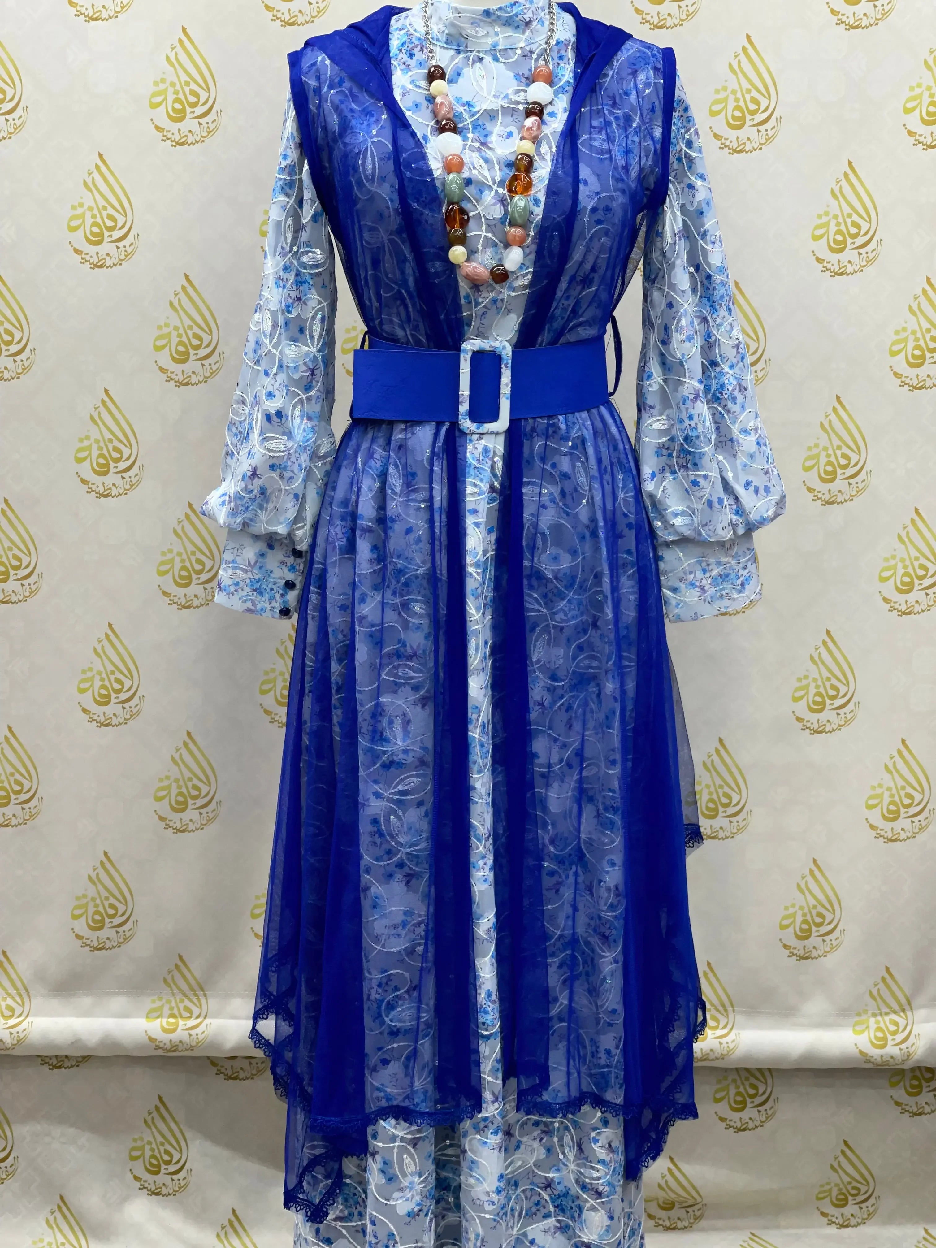 Floral Embroidered Mesh Overlay Dress with Beads: Enchanting Elegance and Grace Palestinian Elegance