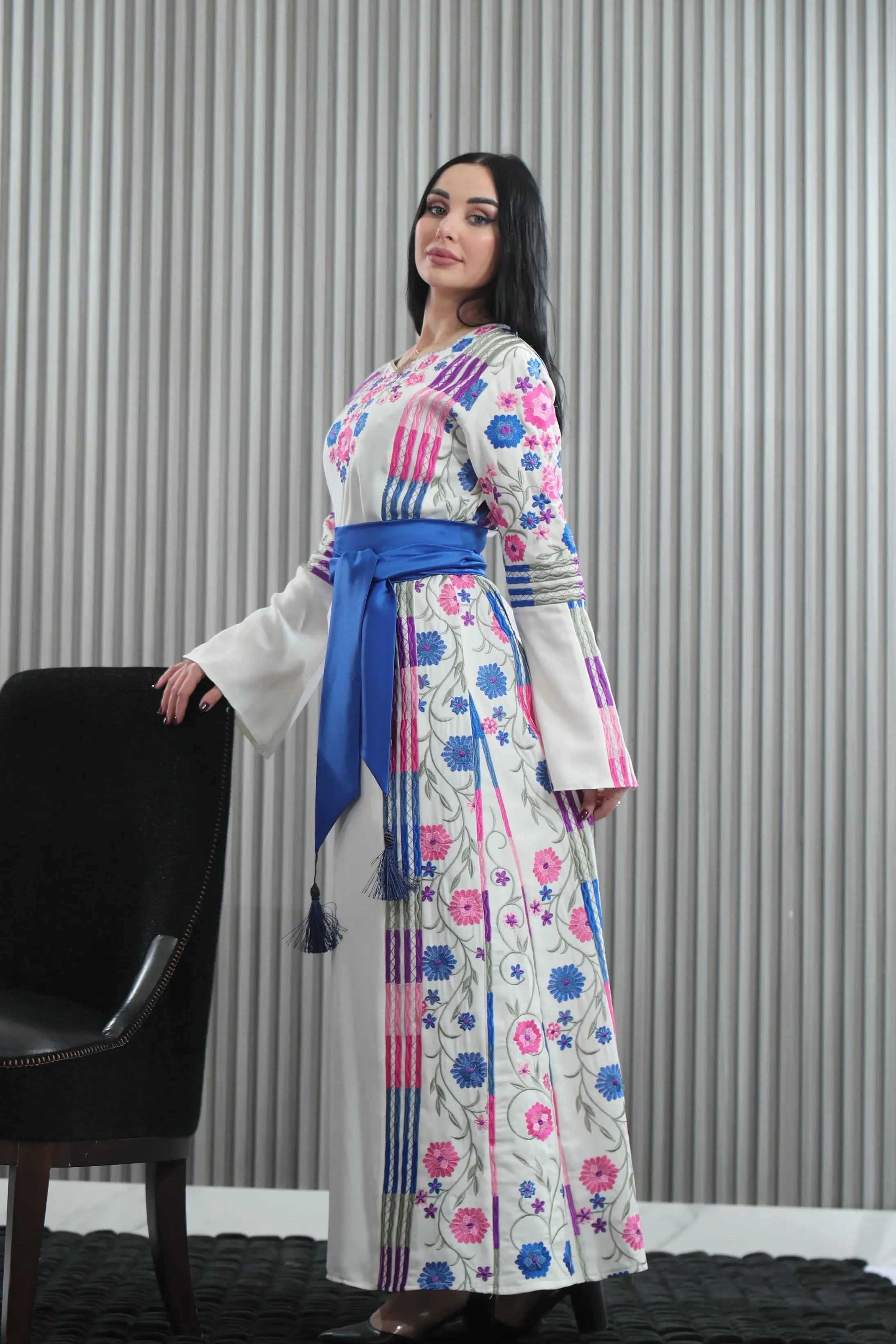 Embroidered White Multicolored Thoub Palestinian Elegance