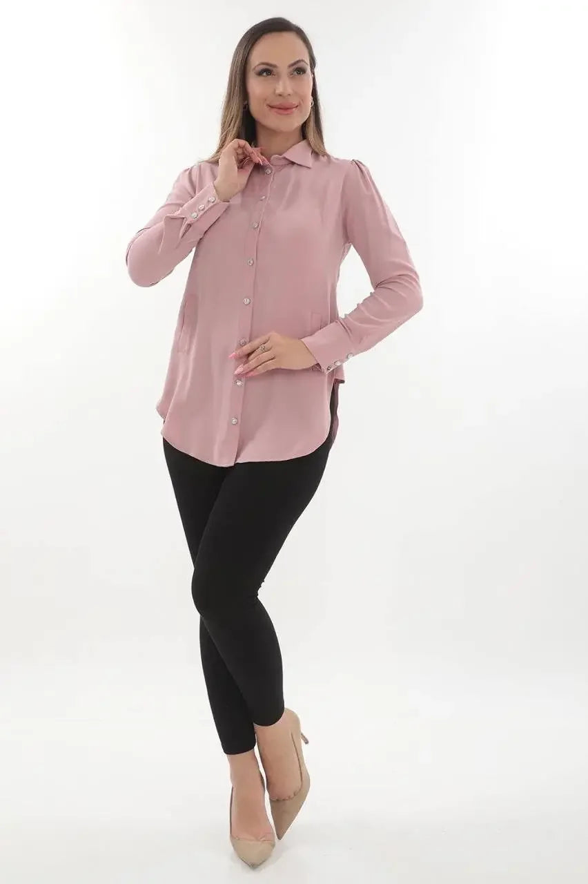 Palestinian Elegance casual embroidered blouse for women in soft pink with long sleeves and button-down front