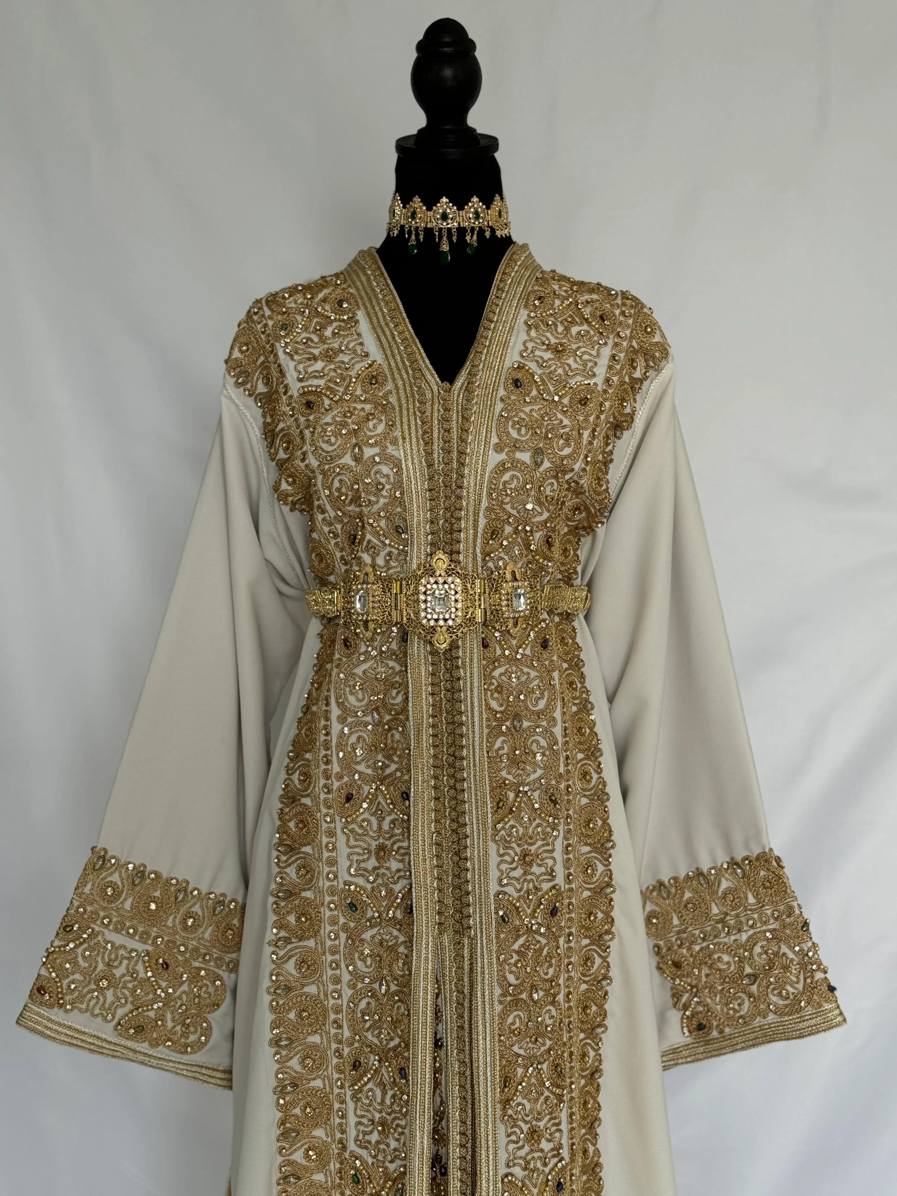 Handmade Silk Crepe Moroccan Kaftan: Gold Thread Embroidery, Belted Takchita