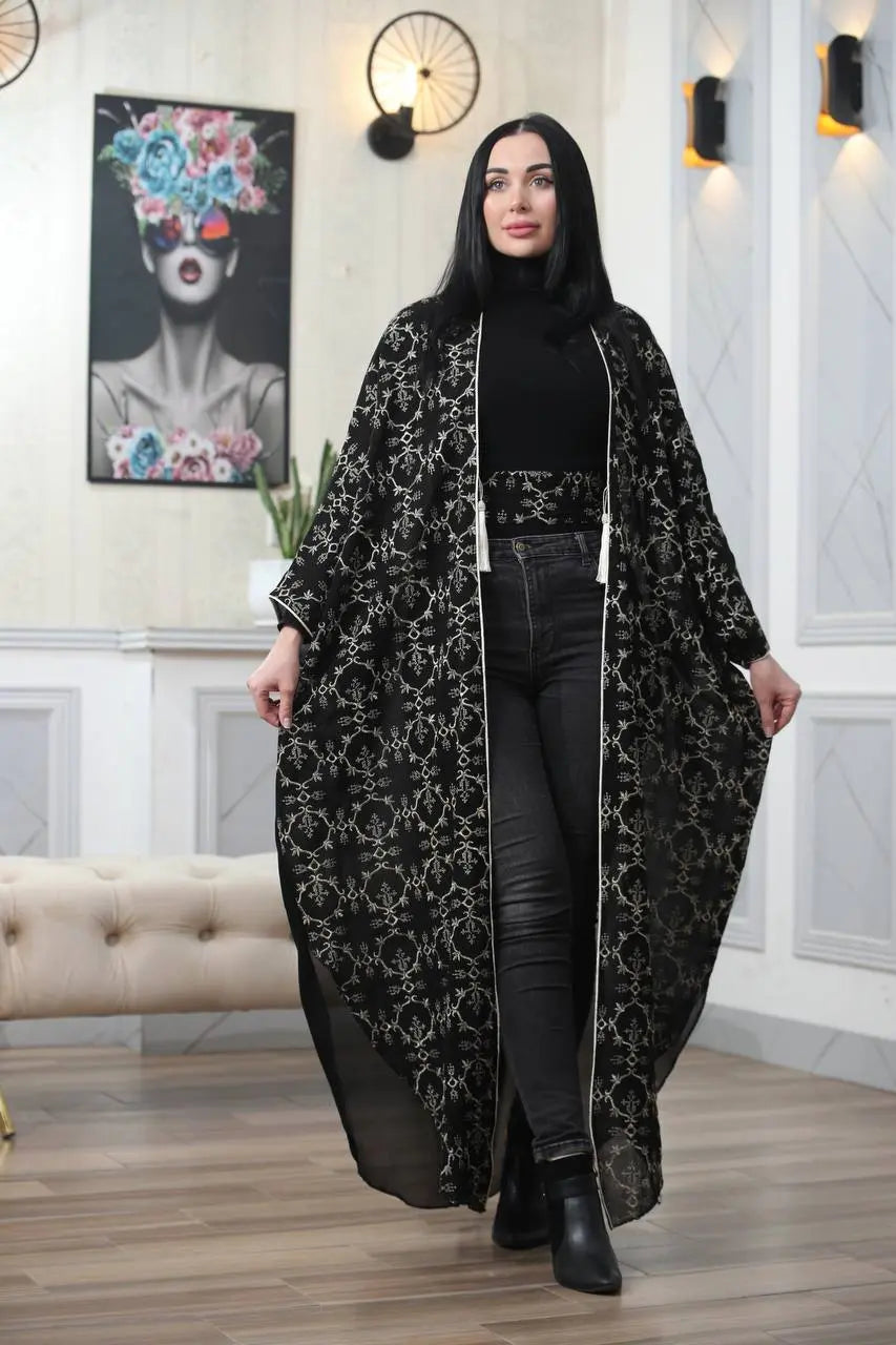 Embroidered Chiffon Cardigan Golden Silk Threads Palestinian Elegance