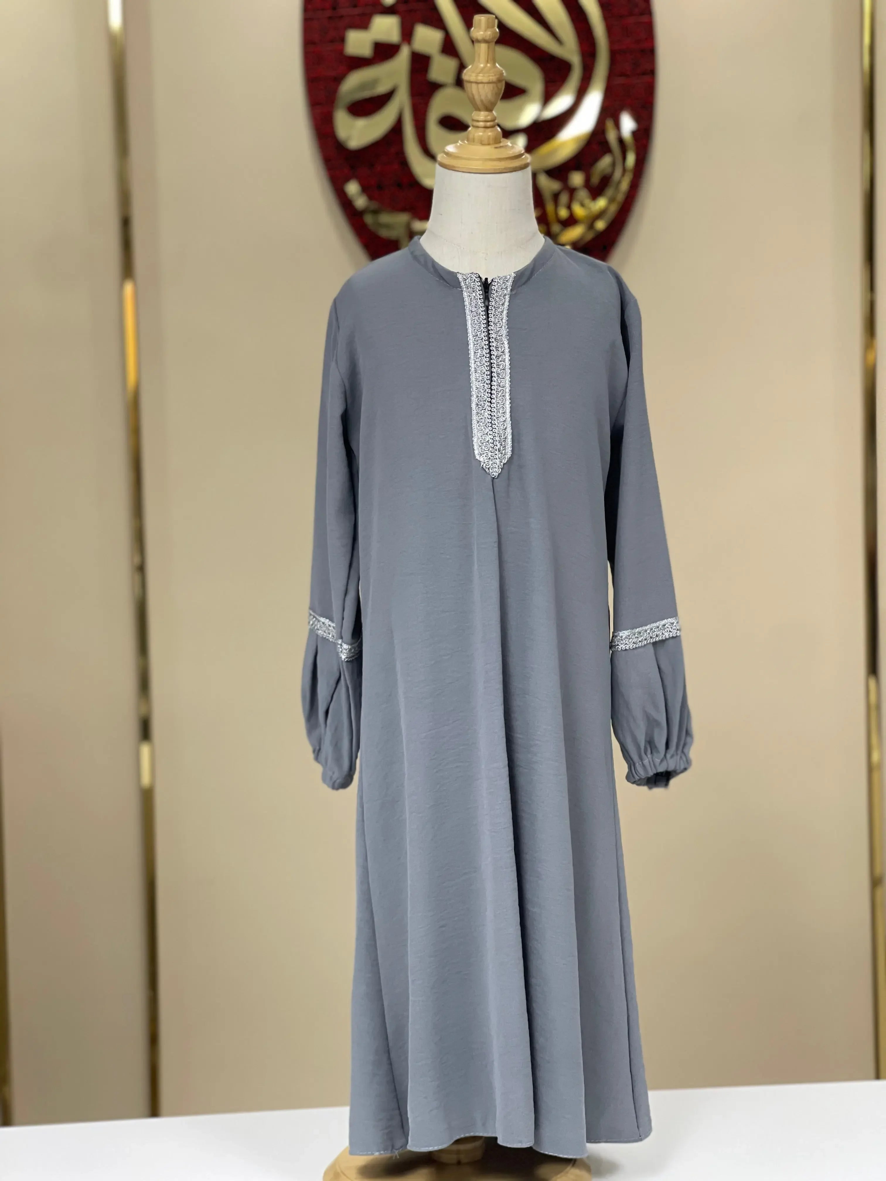 Palestinian Elegance girls embroidered abaya in gray with detailed embroidery on collar and sleeves
