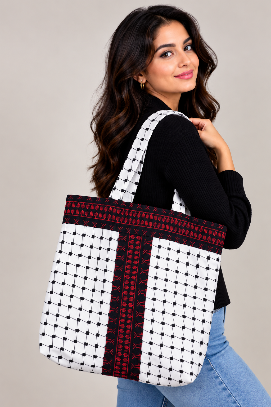 High-Quality Handmade Tatreez Tote Bags with Kufiyah Design: Durable and Spacious