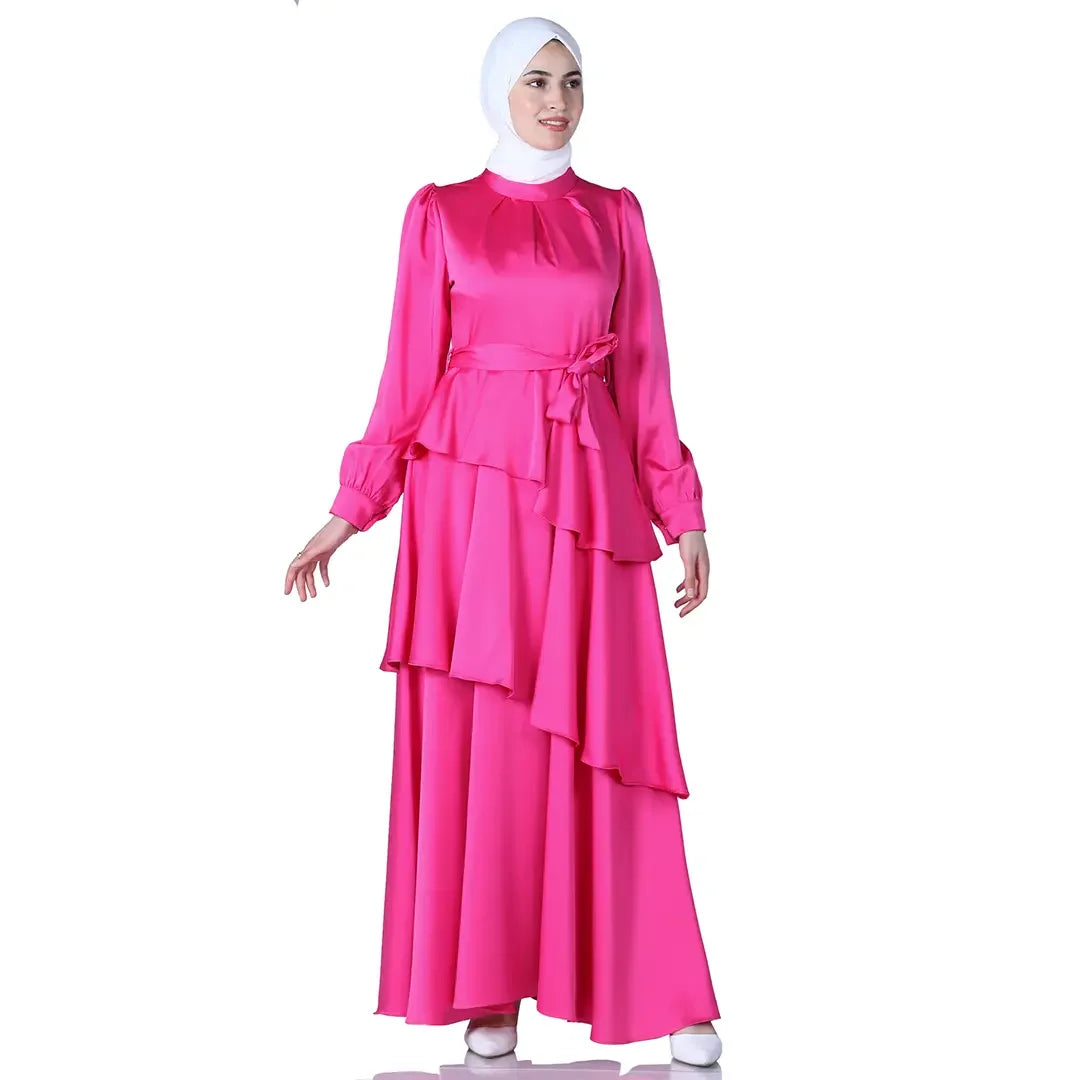 Elegant Layered Satin Gown: Timeless Sophistication and Grace Palestinian Elegance