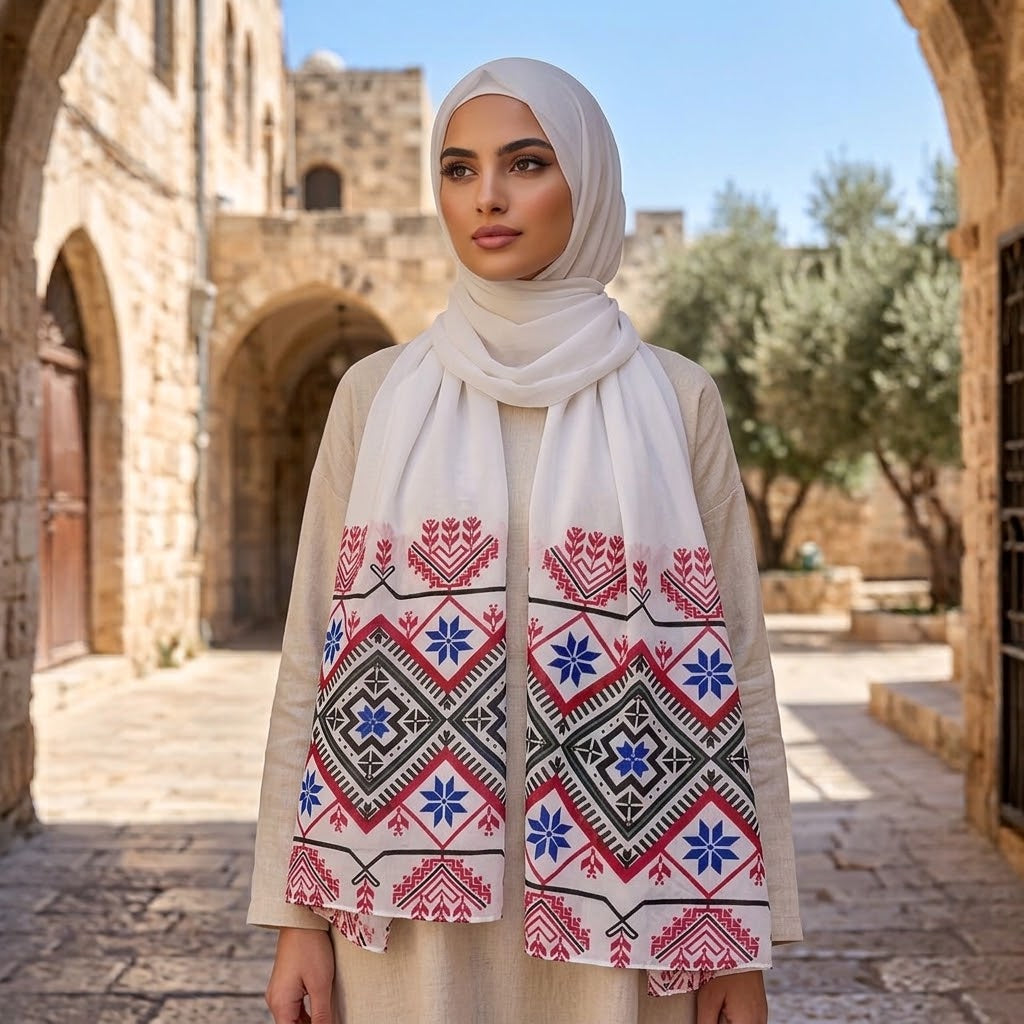 حجاب شيفون مطبوع من تصميم فلسطيني أنيق