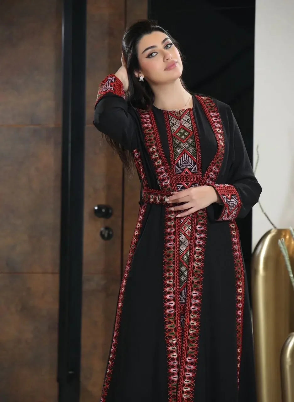 Palestinian Elegance embroidered abaya for women in black with red and intricate traditional embroidery details
