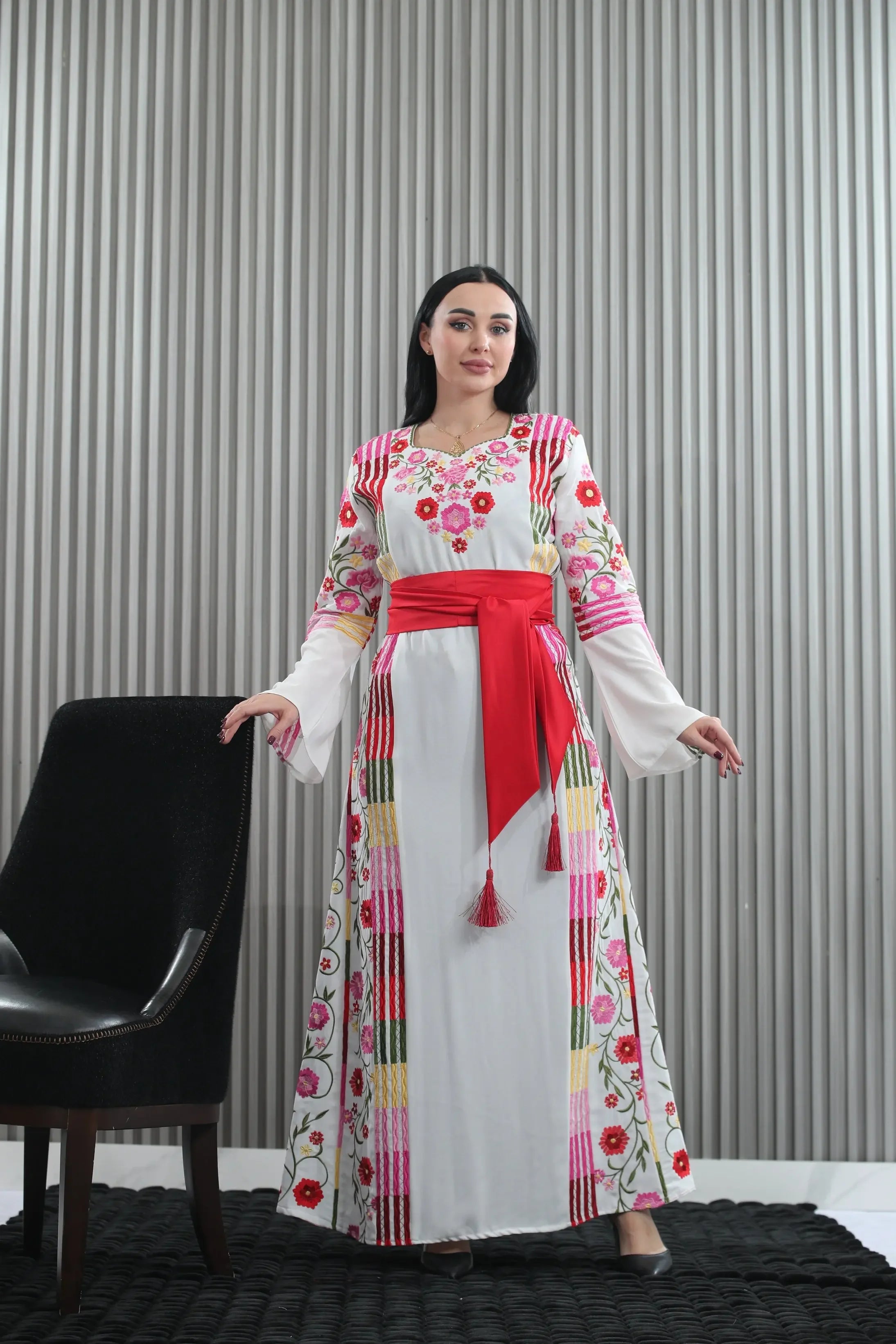 Embroidered White Multicolored Thoub Palestinian Elegance