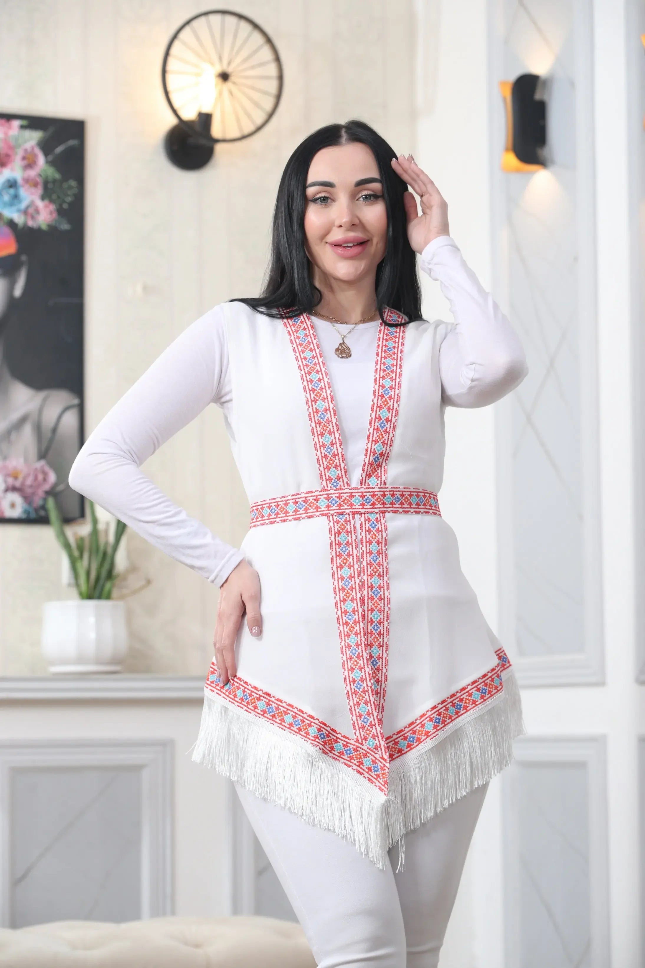 White Embroidered Chiffon Vest Palestinian Elegance
