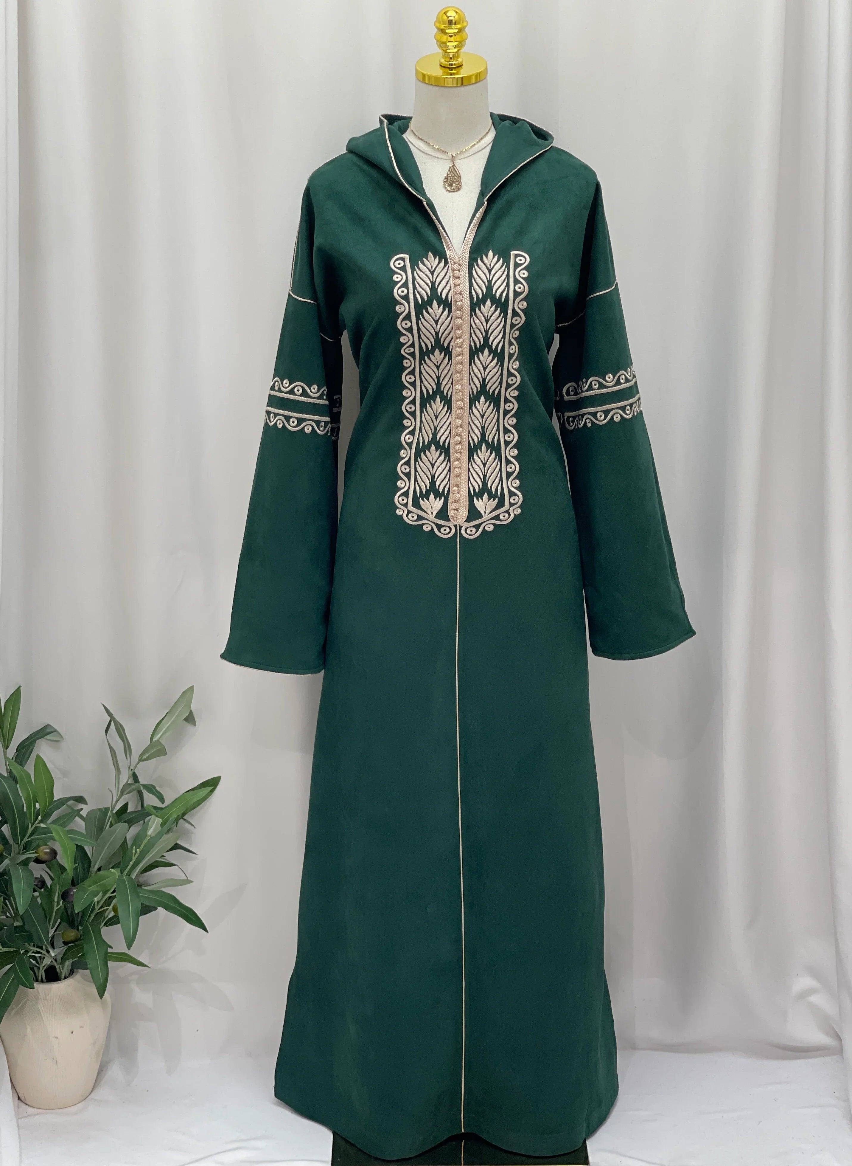 Heritage Suede Embroidered Hooded Abaya