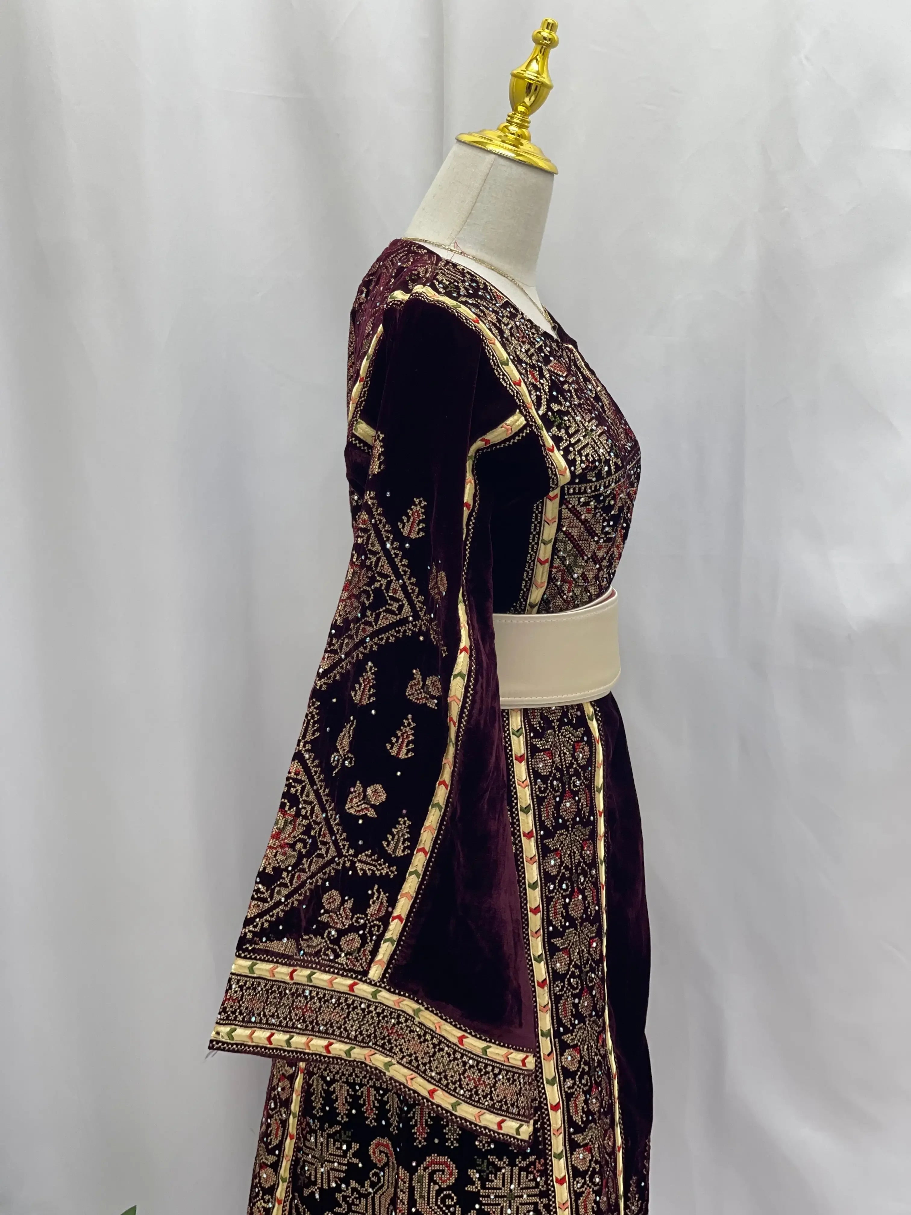 Maroon Velvet Thoub With Matching Overskirt Palestinian Elegance