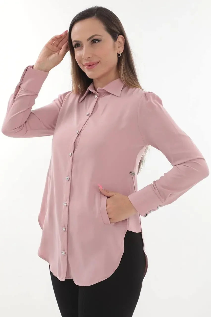 Palestinian Elegance casual embroidered blouse for women in soft pink with long sleeves and button front
