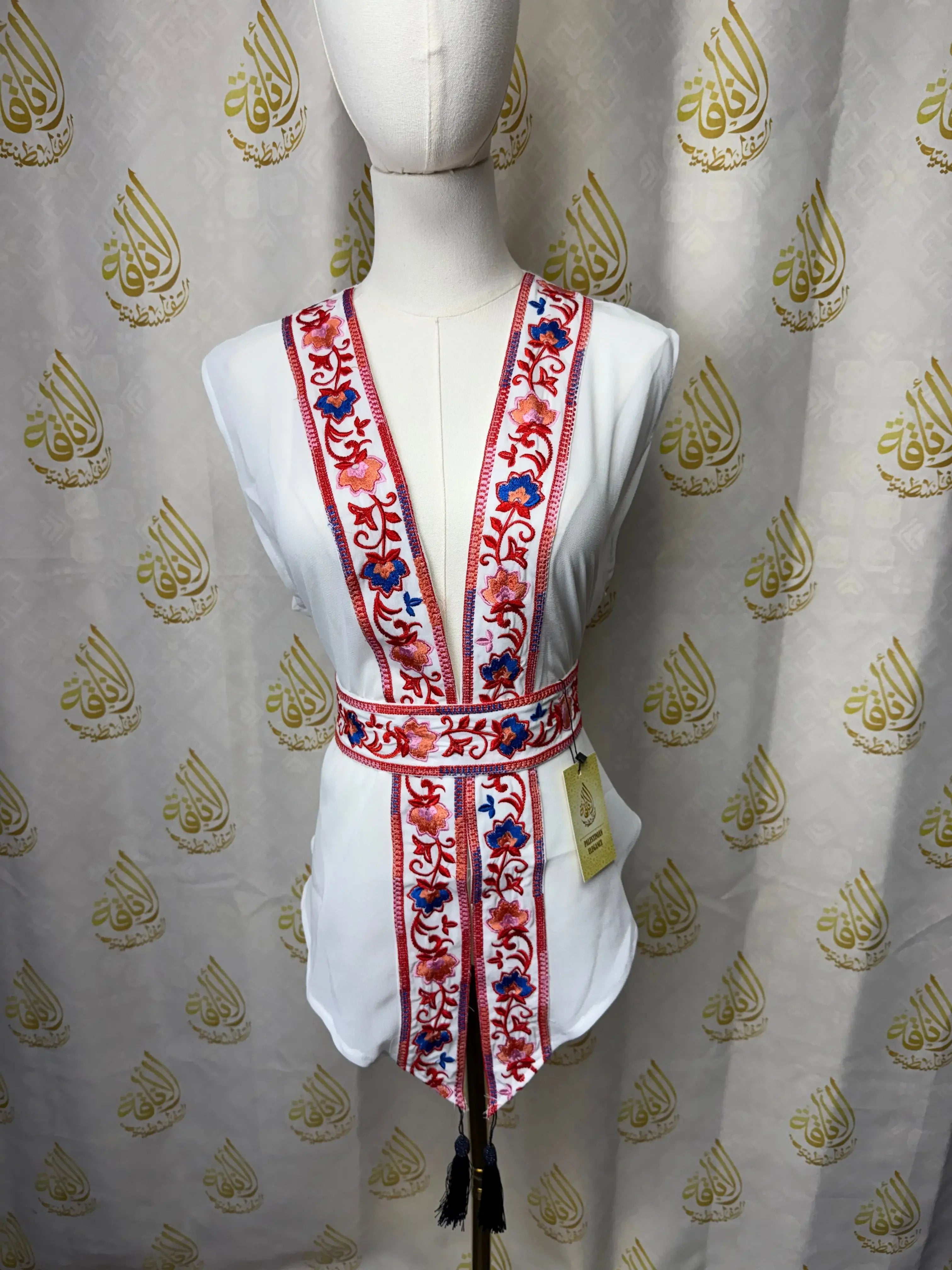 White Chiffon Vest Colorful Embroidered Palestinian Elegance