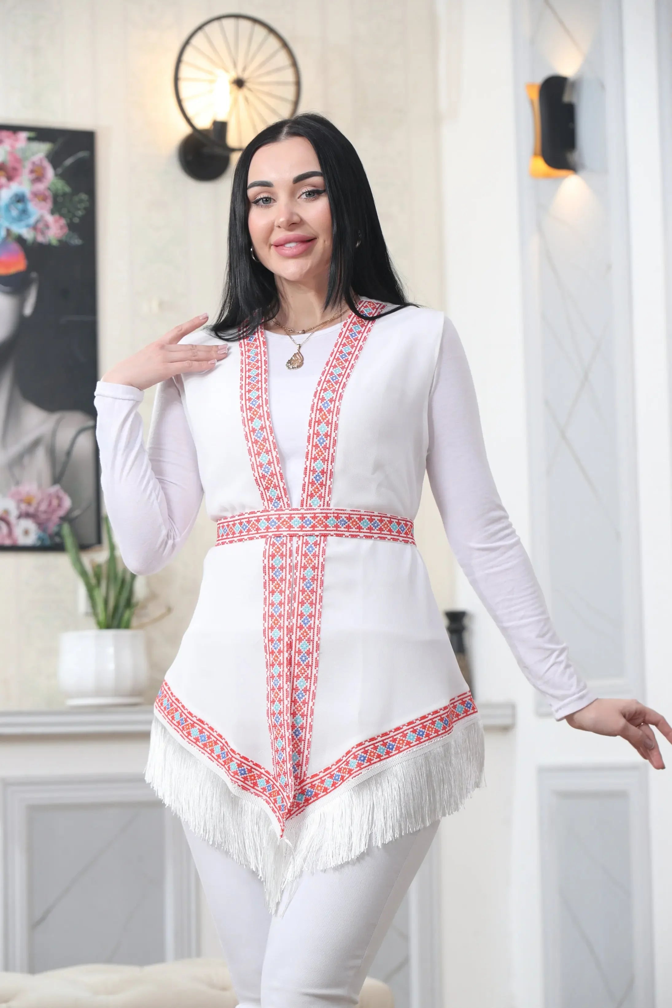 White Embroidered Chiffon Vest Palestinian Elegance