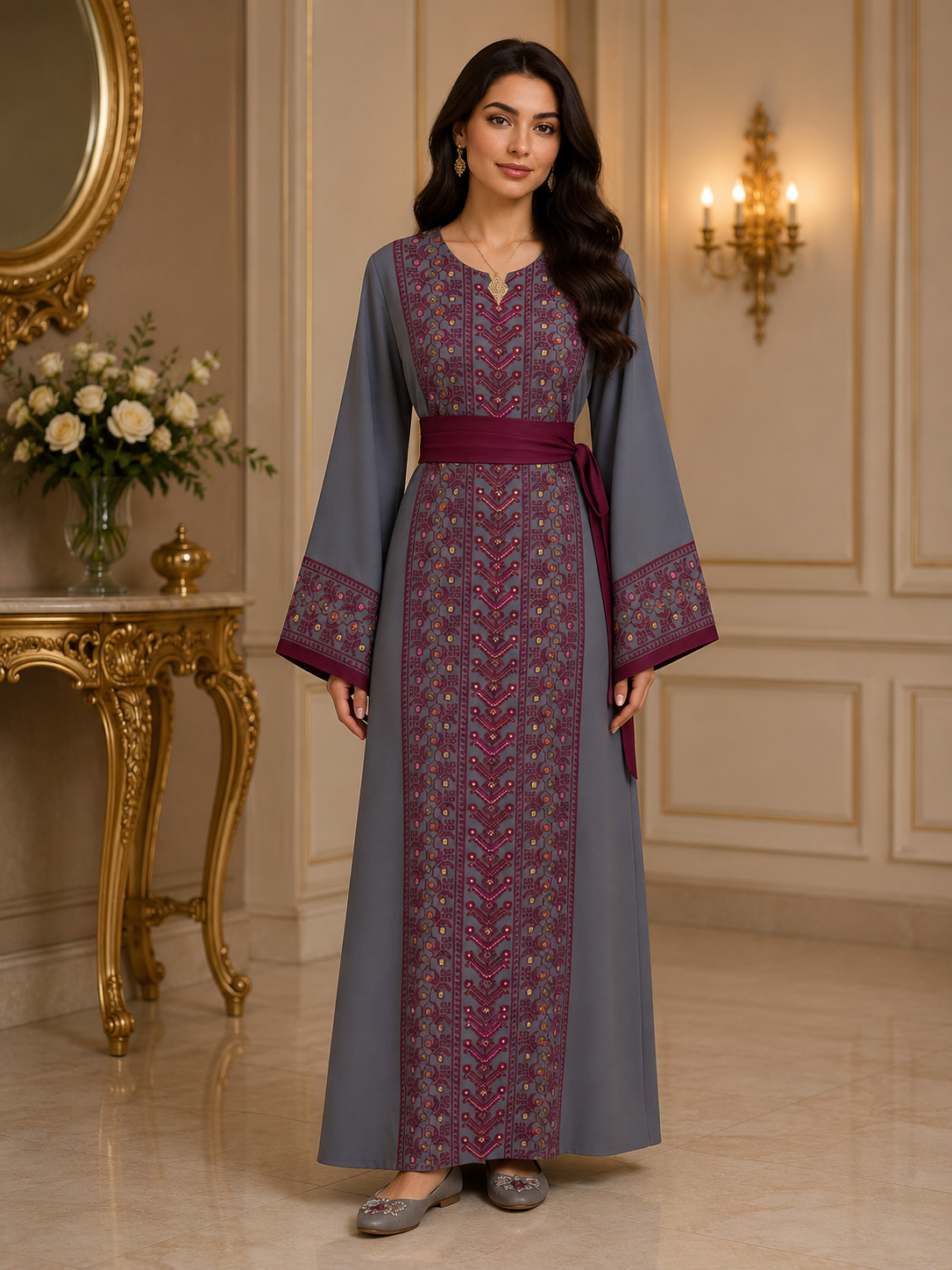 Samah Embroiderd Thobe With Belt Palestinian Traditional Design