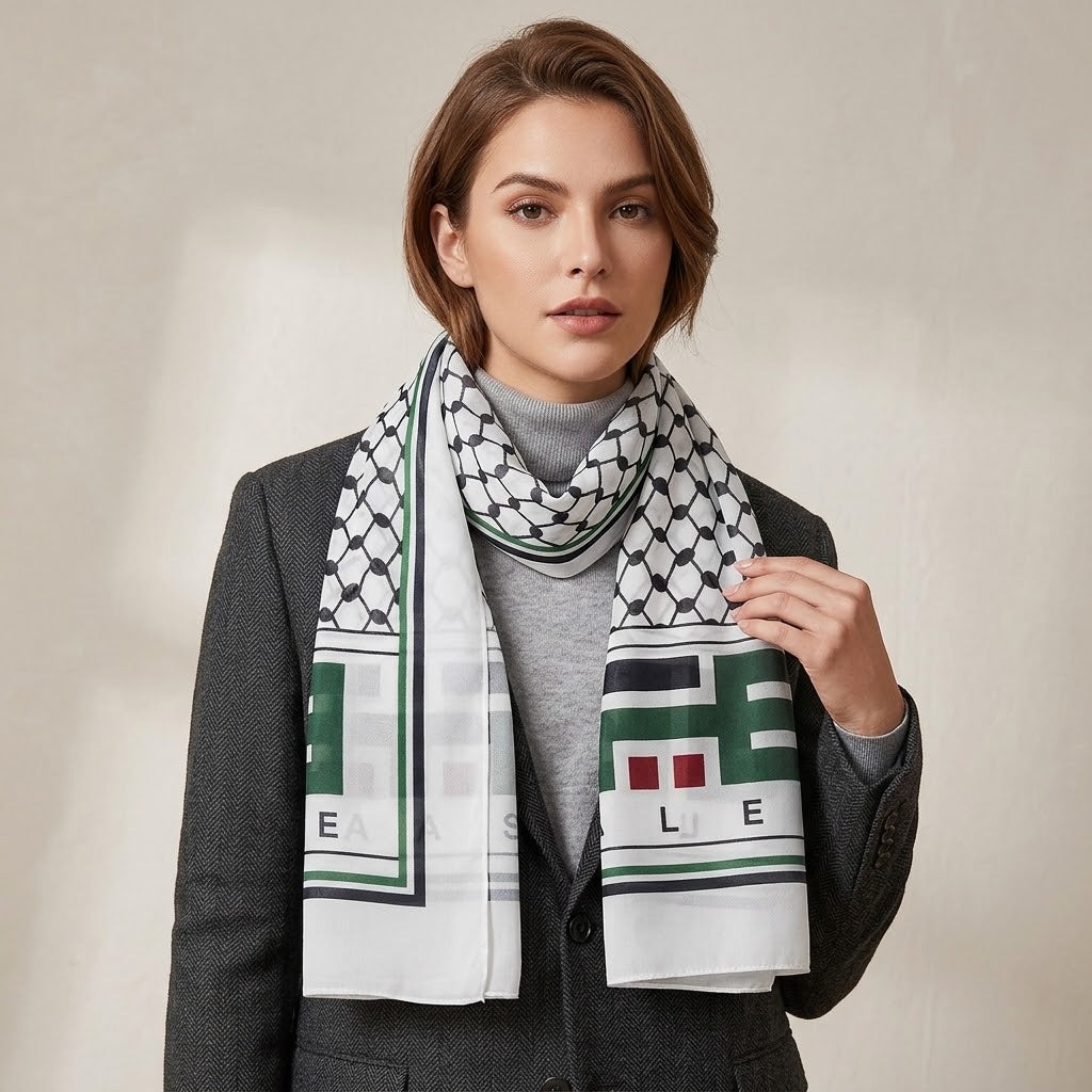 Hijab with "Palestine" Written in Arabic and English