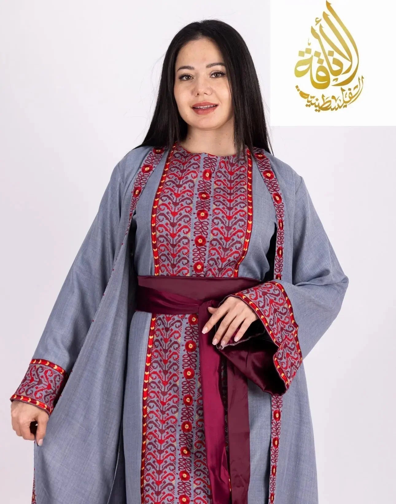 Palestinian Elegance 3-piece Ahlam modest dress outfit with embroidered patterned details and maroon sash belt