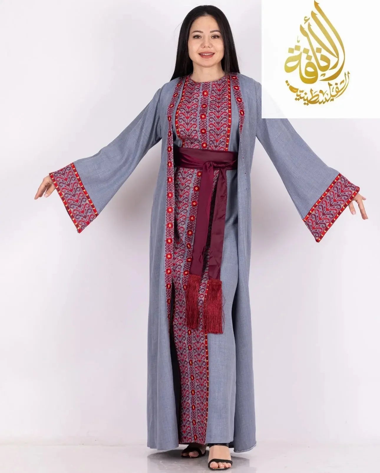 Palestinian Elegance embroidered 3-piece Ahlam modest dress outfit in gray with red patterns and maroon belt