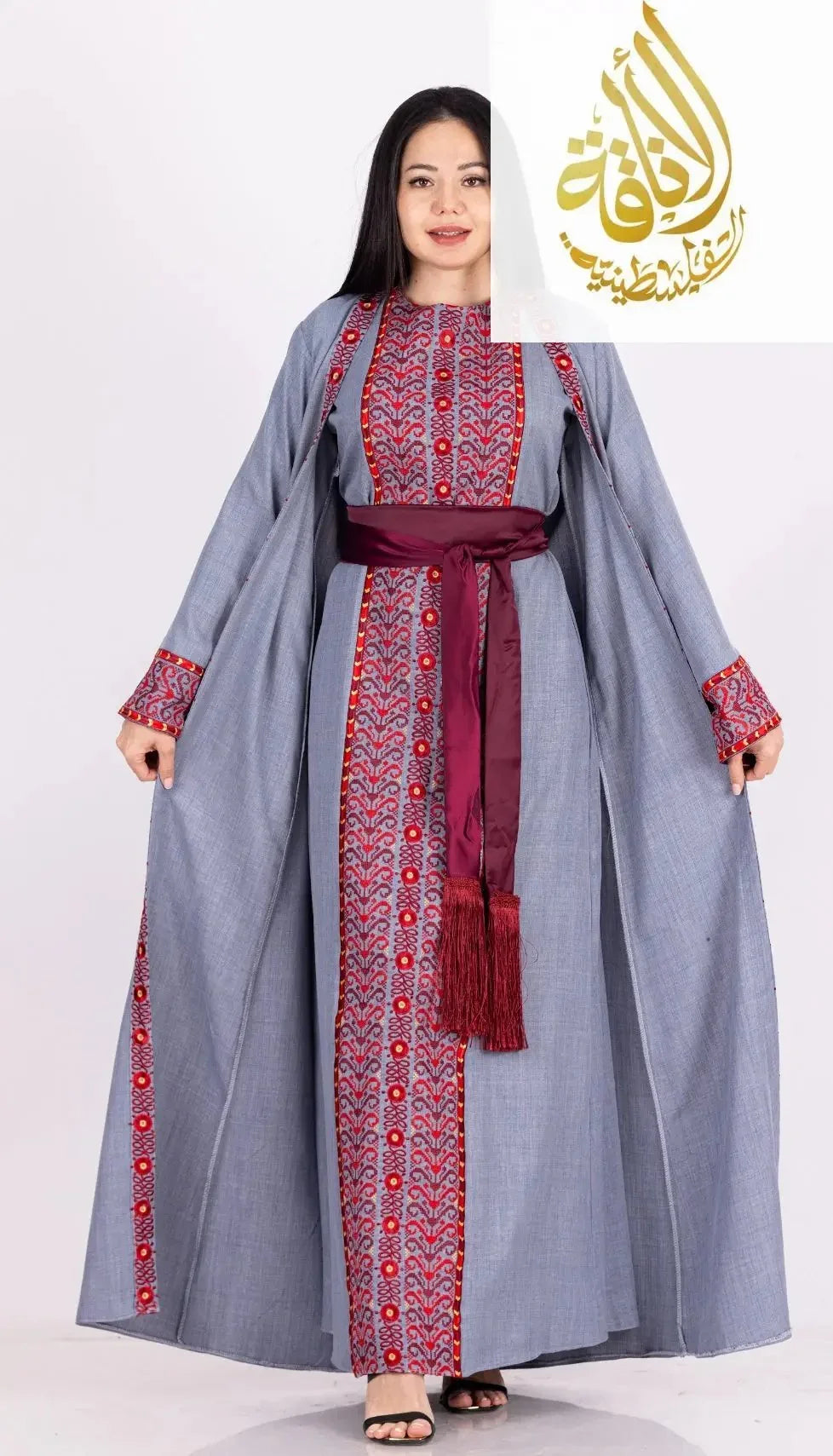 Palestinian Elegance embroidered 3-piece Ahlam modest dress outfit with red and gray detailing and maroon belt