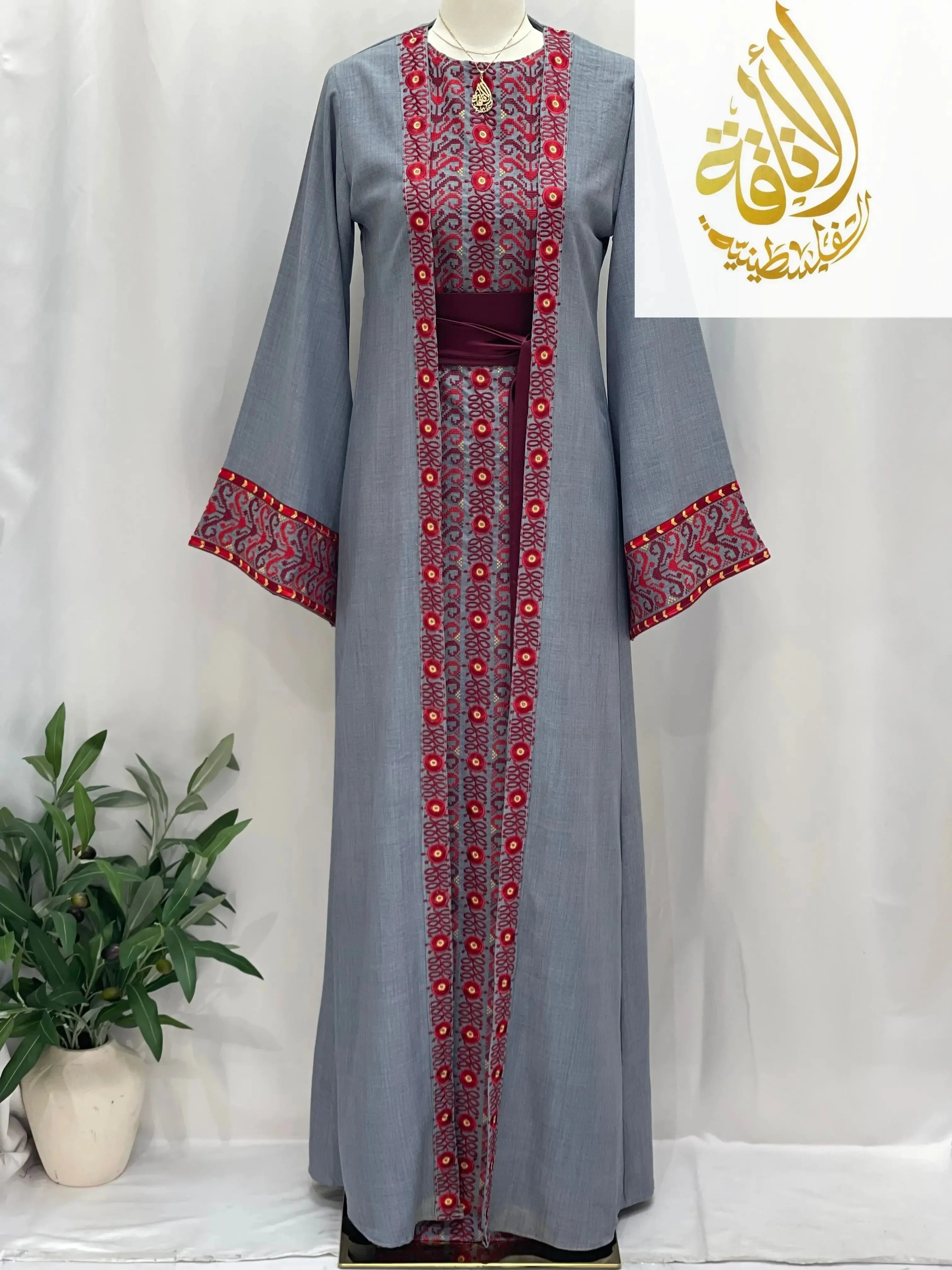 Palestinian Elegance 3-piece Ahlam modest dress outfit with embroidered red and gray patterns