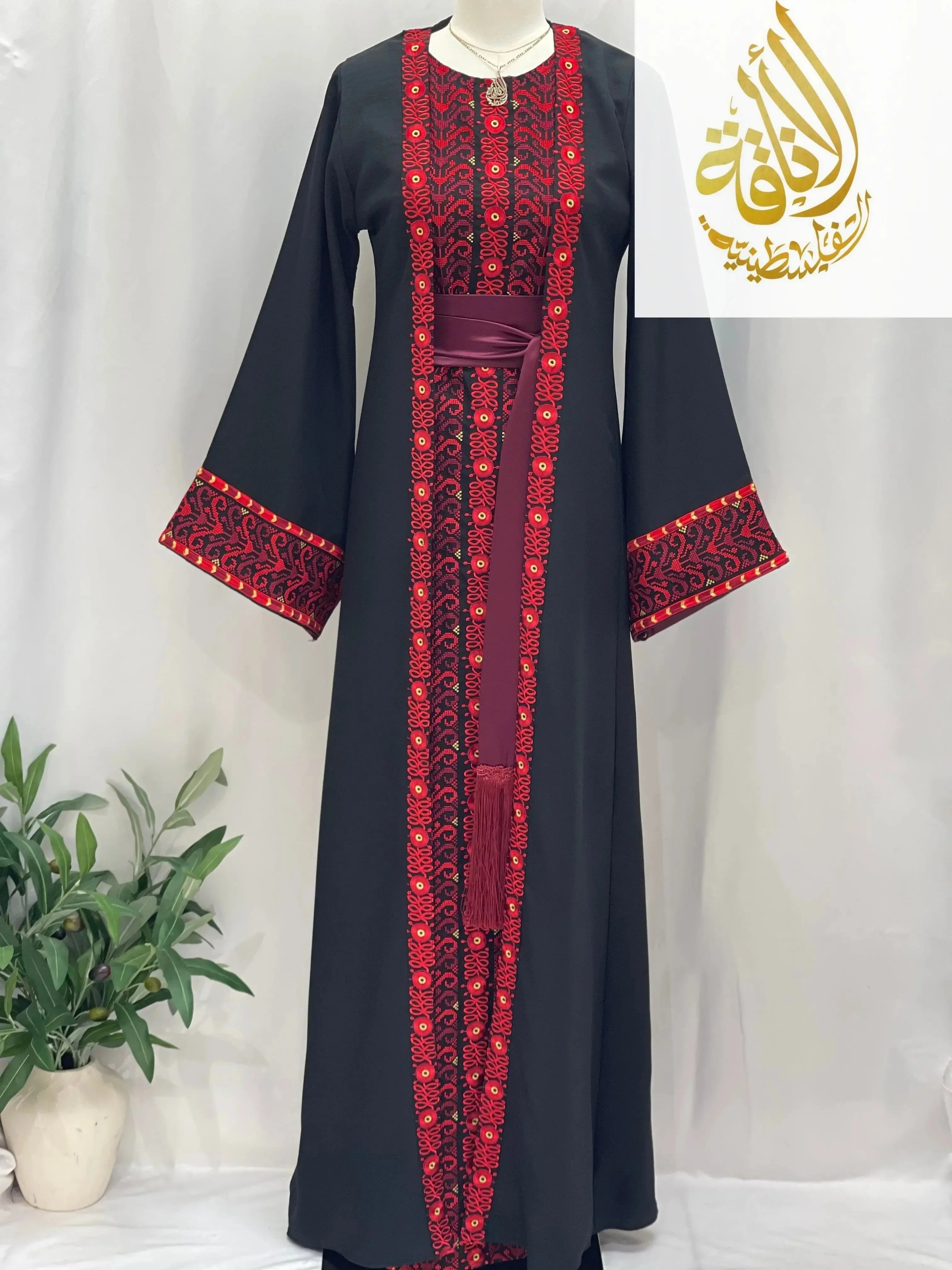 Palestinian Elegance embroidered 3-piece Ahlam modest dress outfit in black with red traditional patterns
