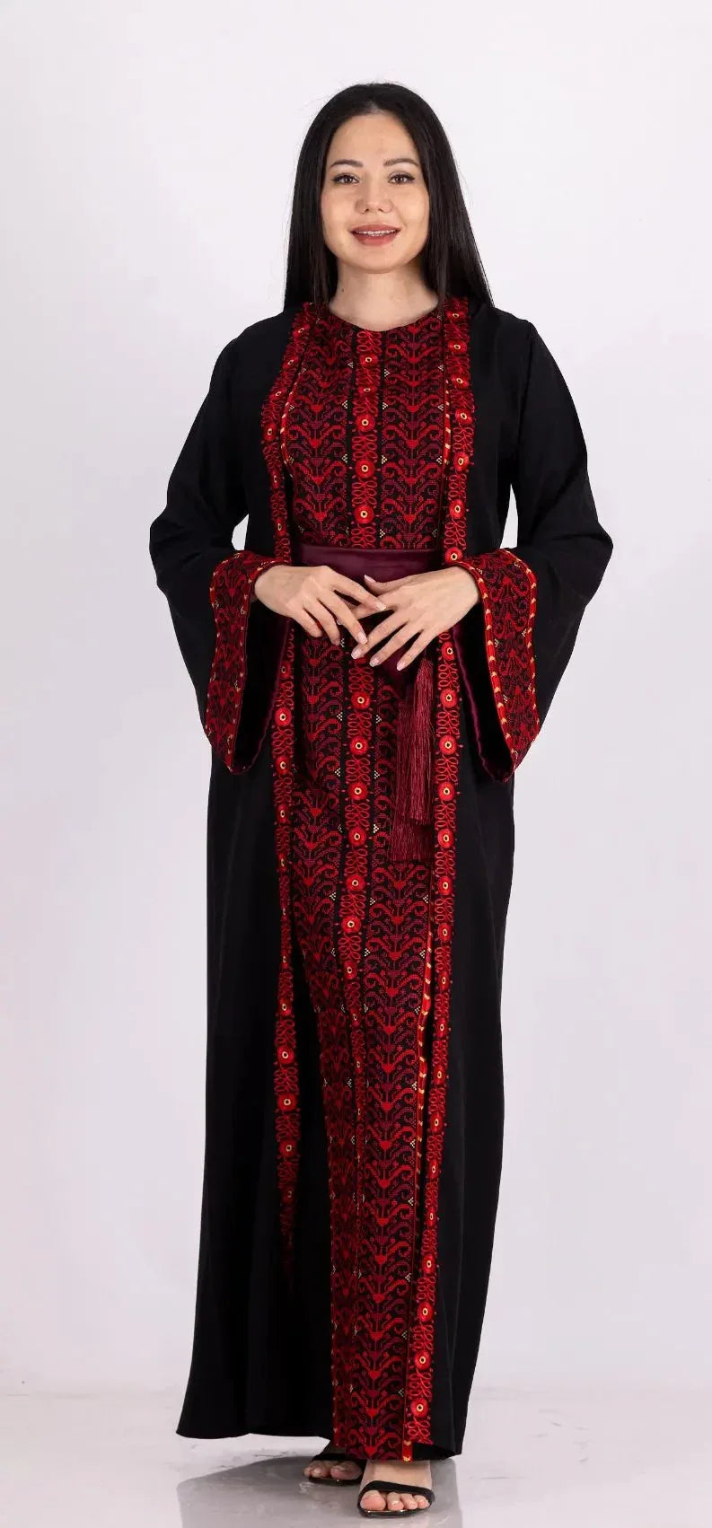 Palestinian Elegance embroidered 3-piece Ahlam modest dress outfit in black with red detailed patterns
