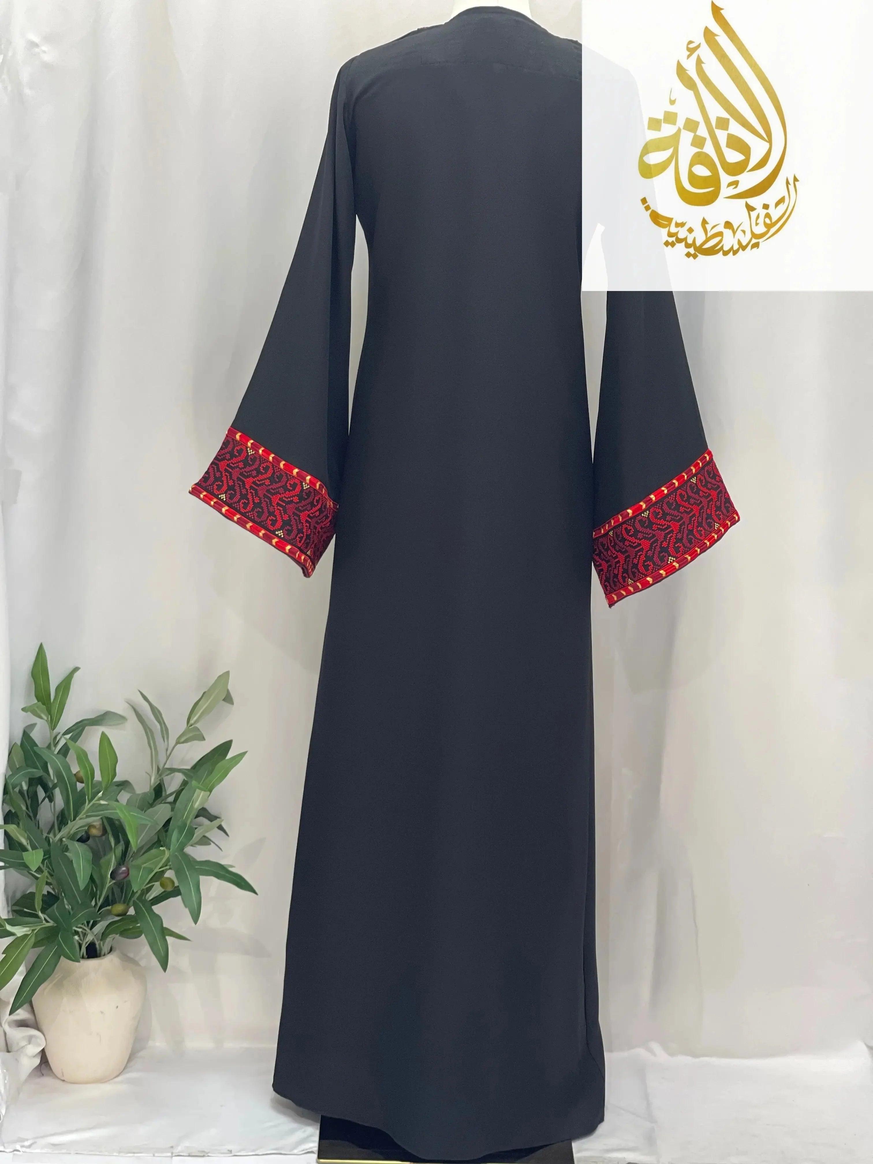 Palestinian Elegance 3-piece Ahlam modest dress outfit embroidered black with red detailed sleeve cuffs