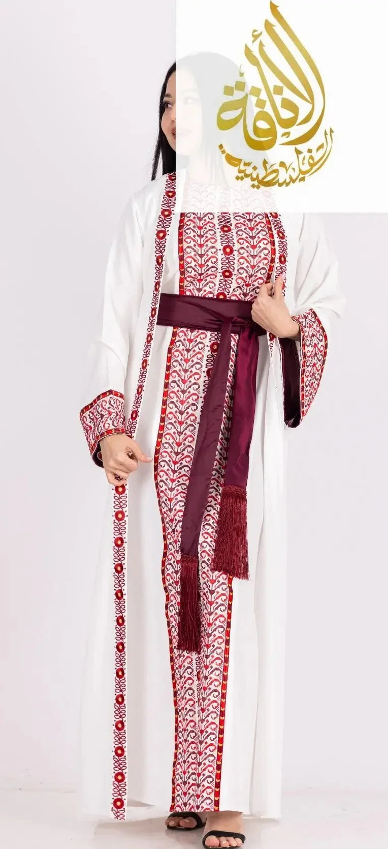 Palestinian Elegance embroidered 3-piece Ahlam modest dress outfit in black with red detailed patter