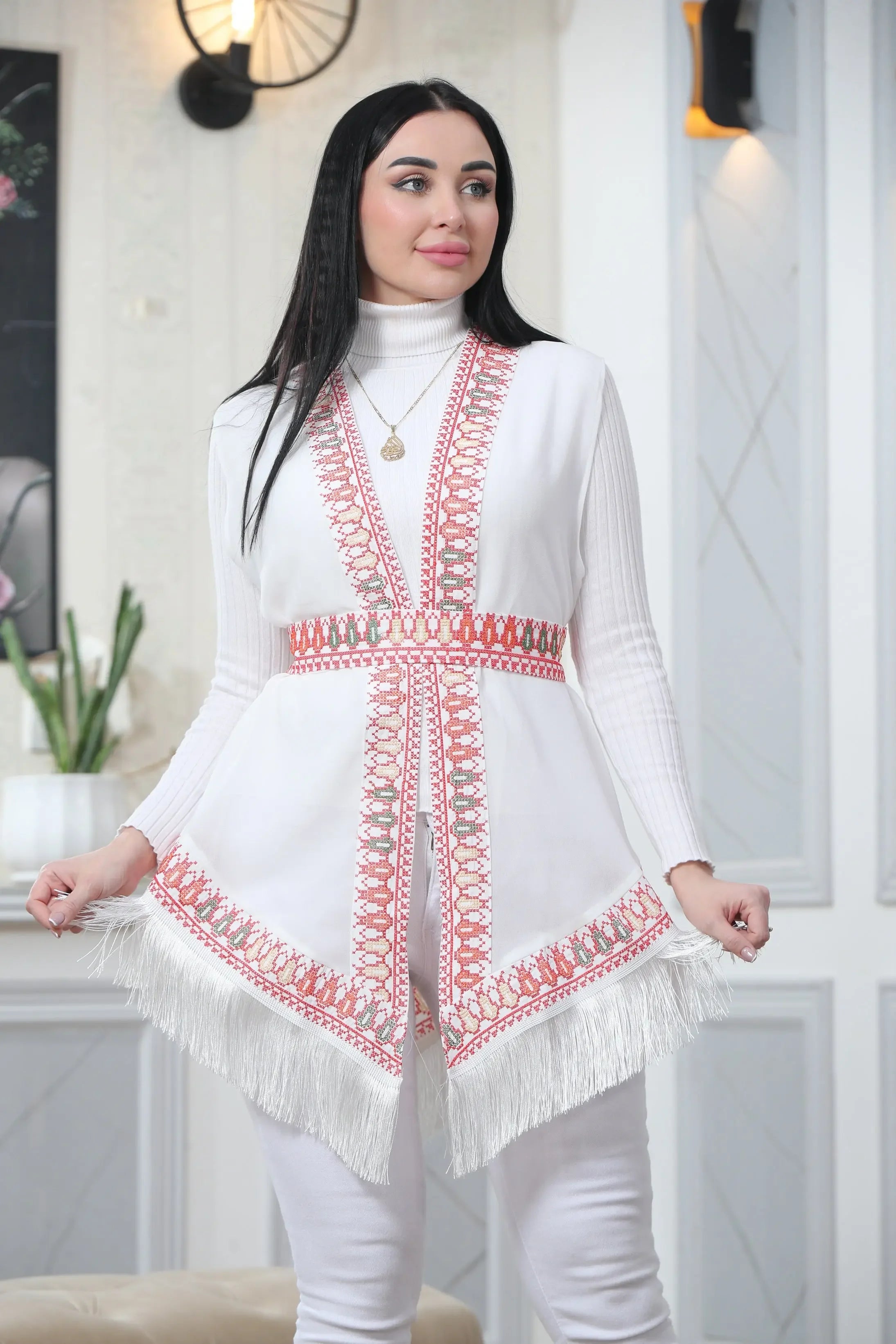 White Embroidered Chiffon Vest Palestinian Elegance