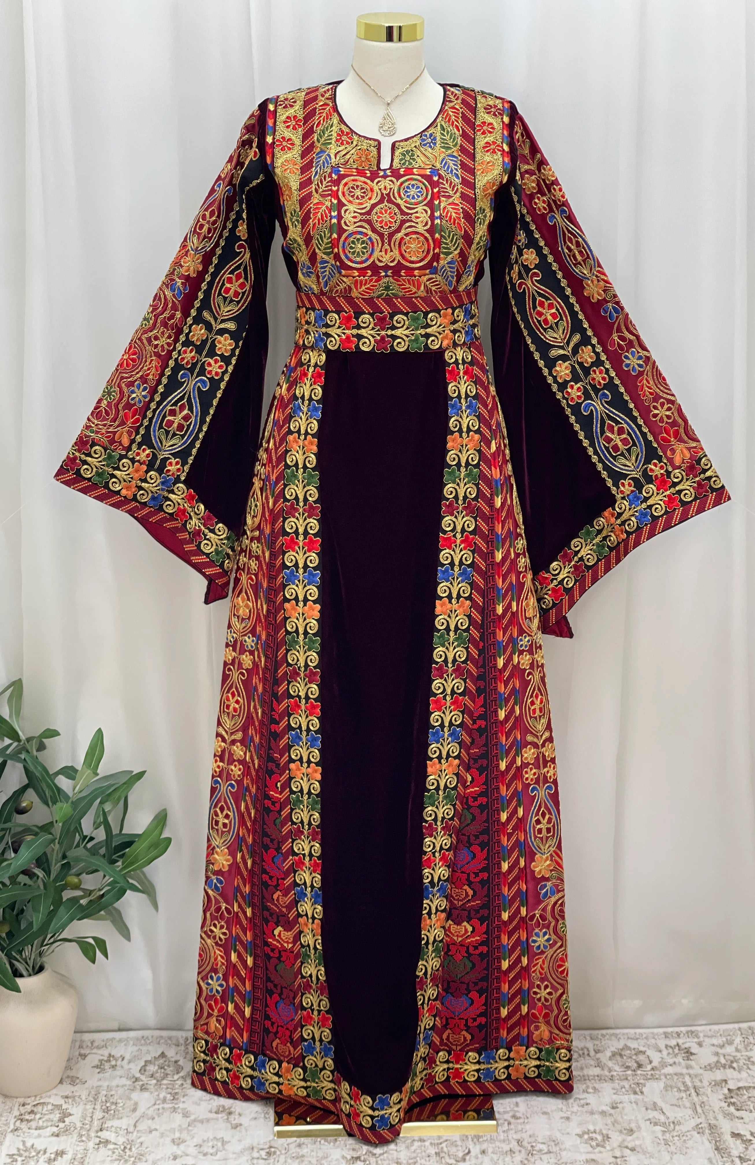 Al Jawhara Qasab Velvet Embroidered Thobe - Palestinian Elegance