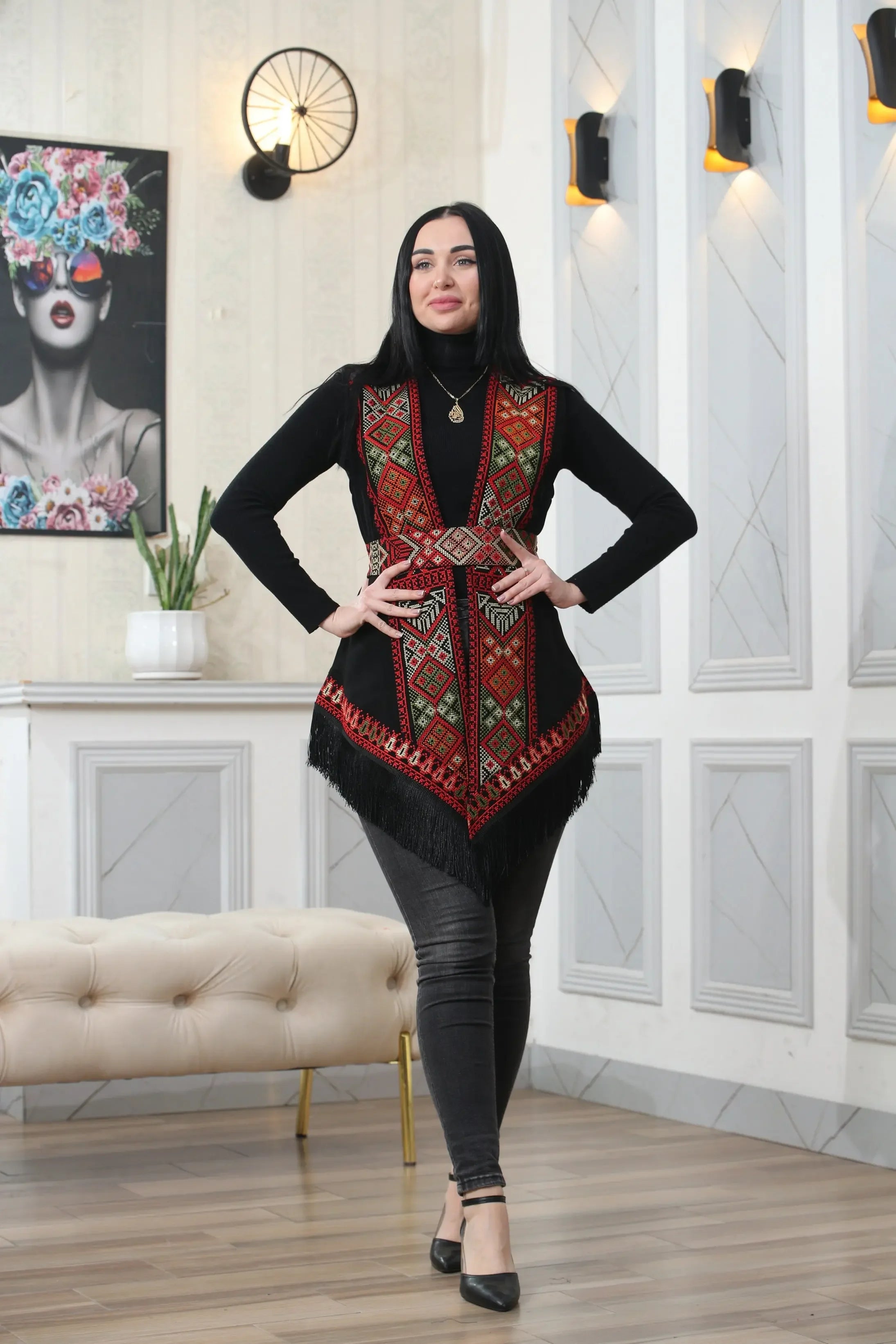 Embroidered Chiffon Vest With Tassels Palestinian Elegance