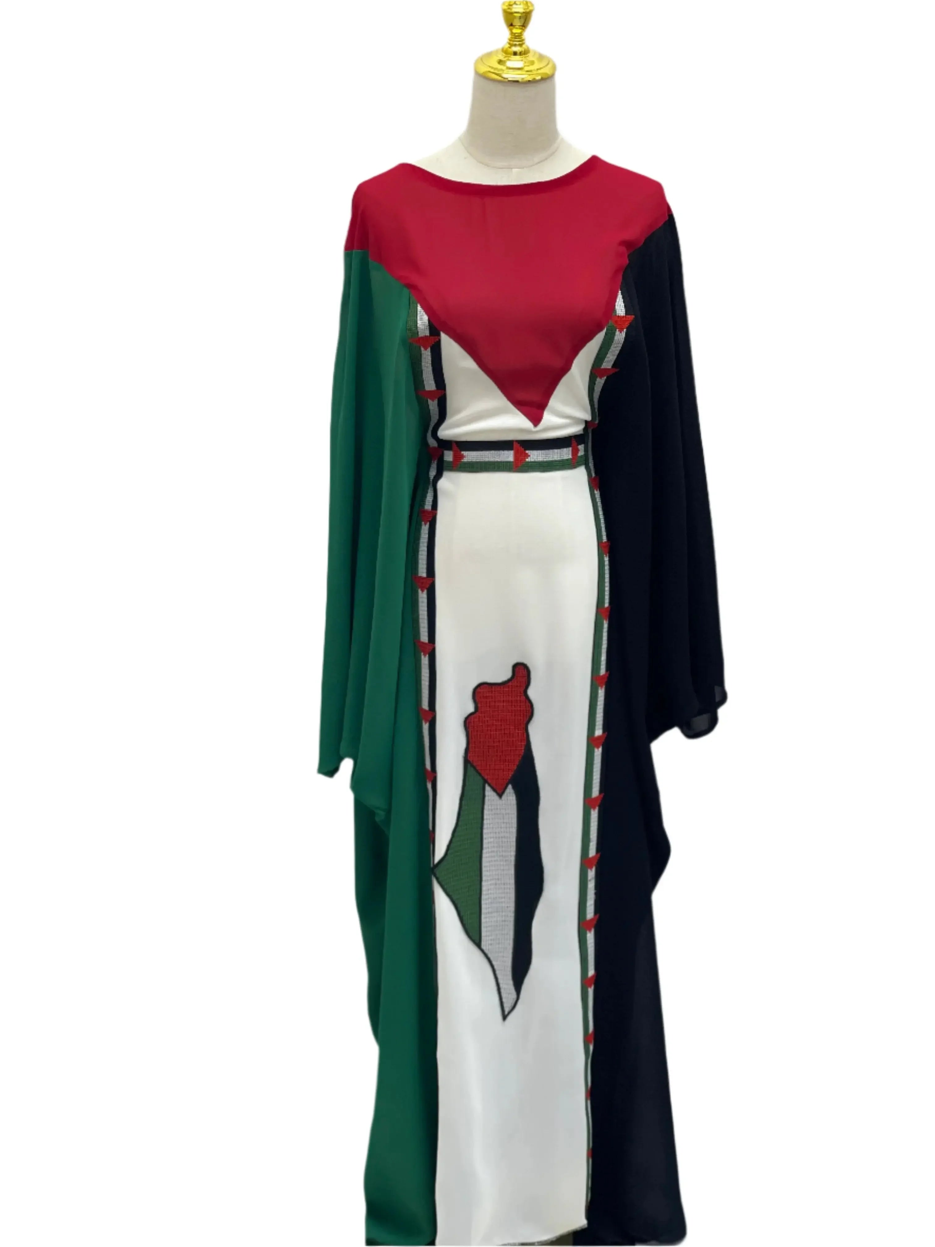 Casual Palestinian flag dress by Palestinian Elegance featuring red, green, black, and white colors in a long flowing design