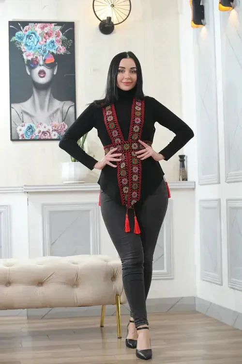 Vibrant Embroidery: Stylish Chiffon Vest for the Modern Woman Palestinian Elegance