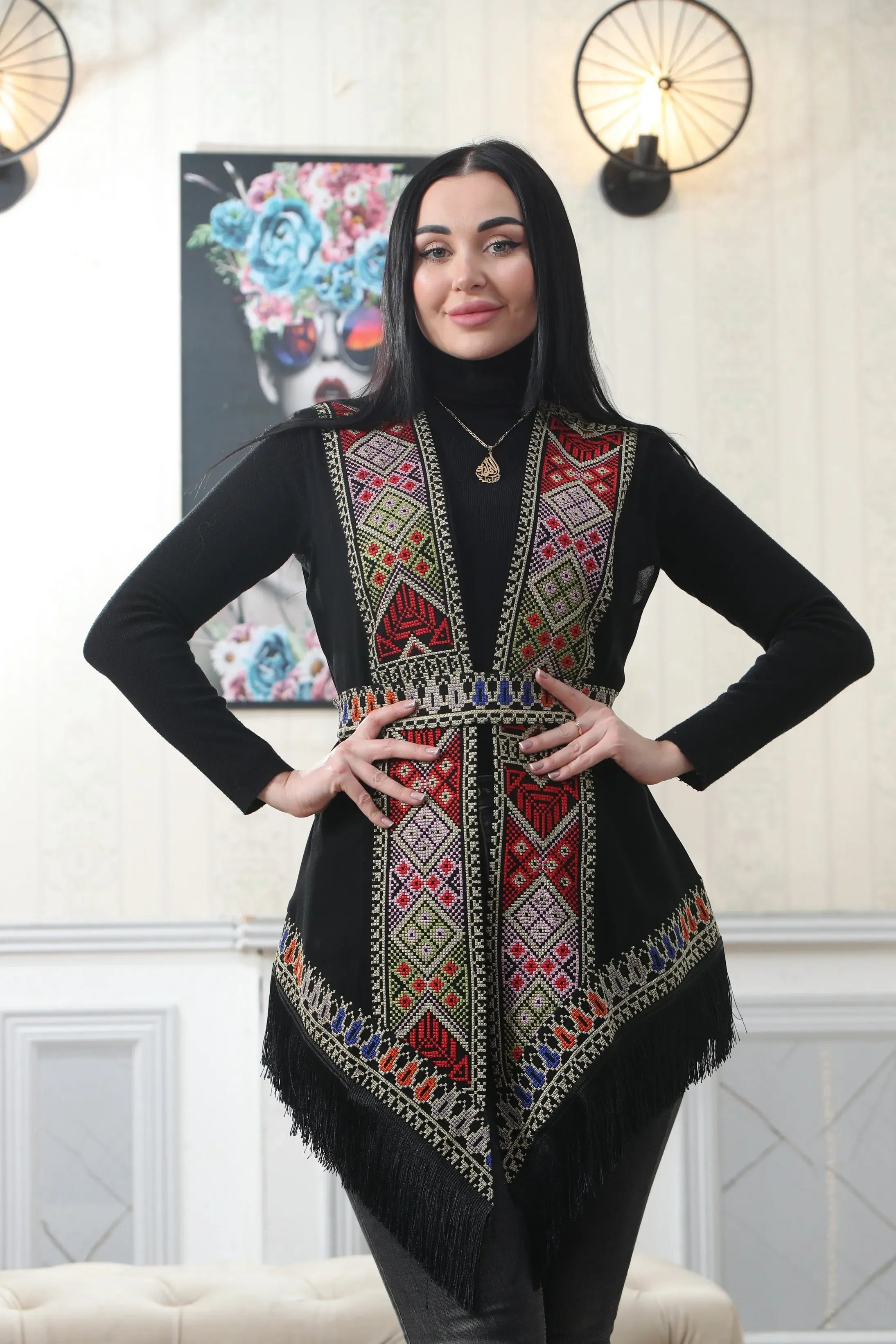 Embroidered Chiffon Vest With Tassels Palestinian Elegance
