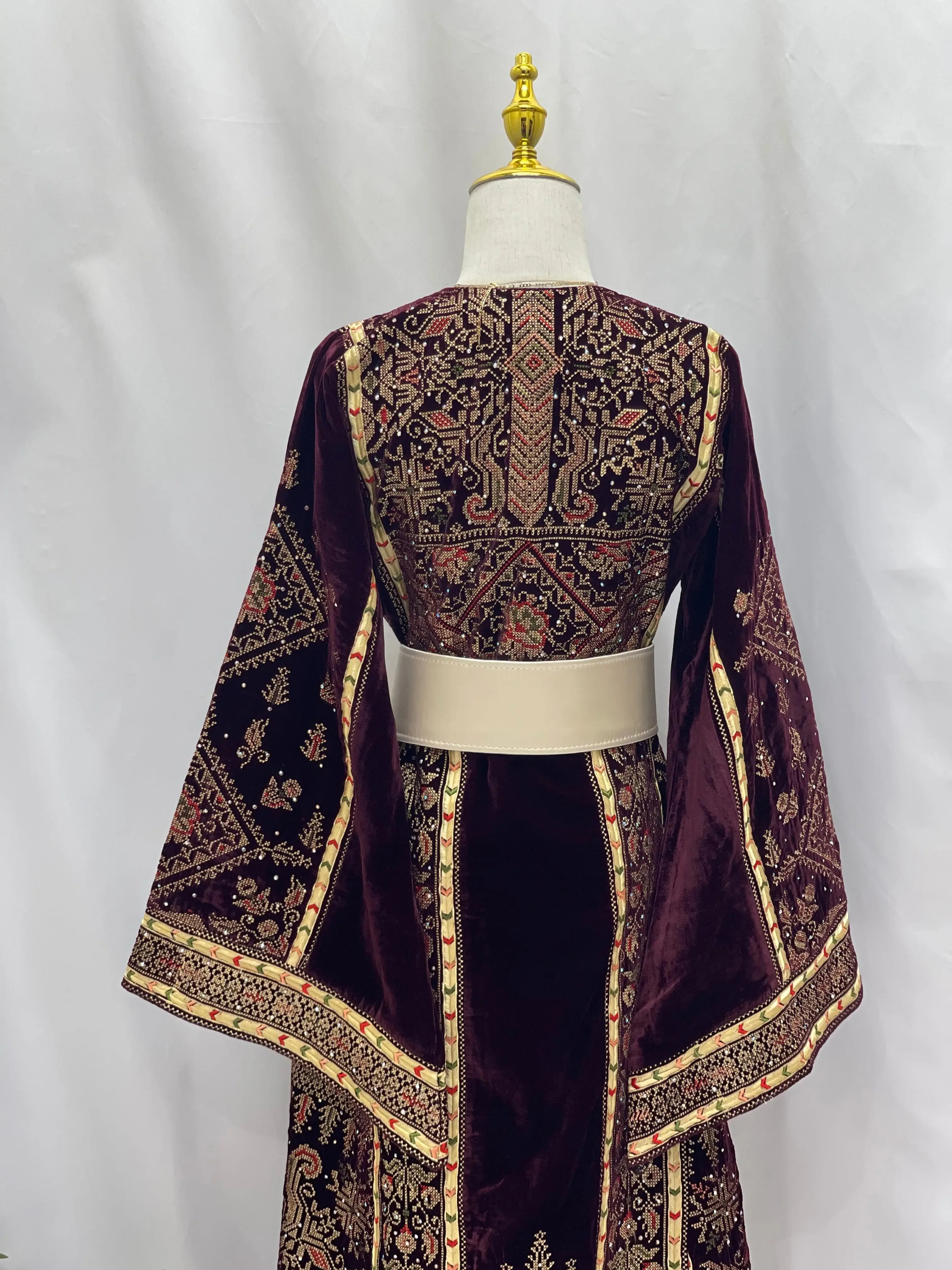 Maroon Velvet Thoub With Matching Overskirt Palestinian Elegance