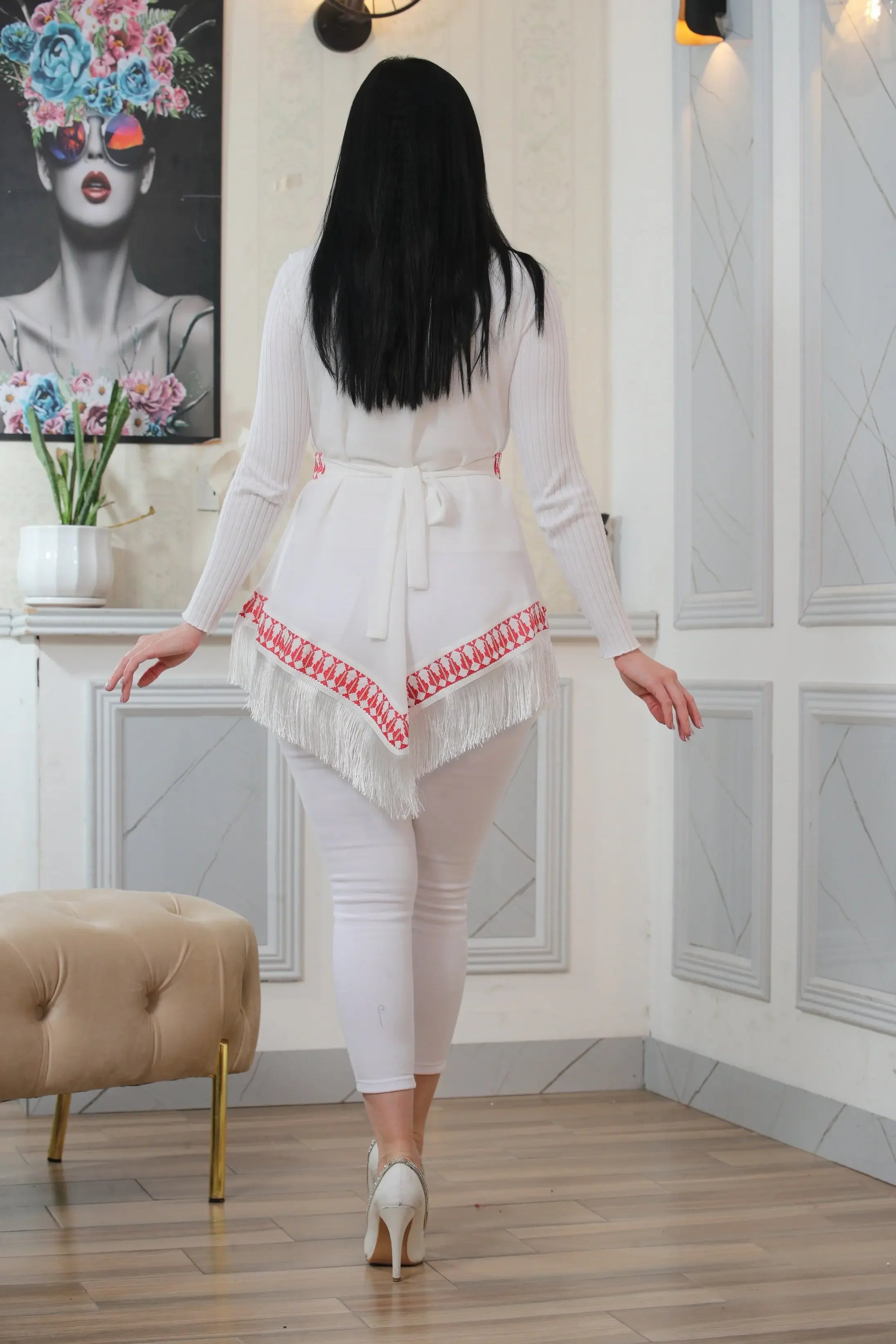 Embroidered Chiffon Vest With Tassels Palestinian Elegance