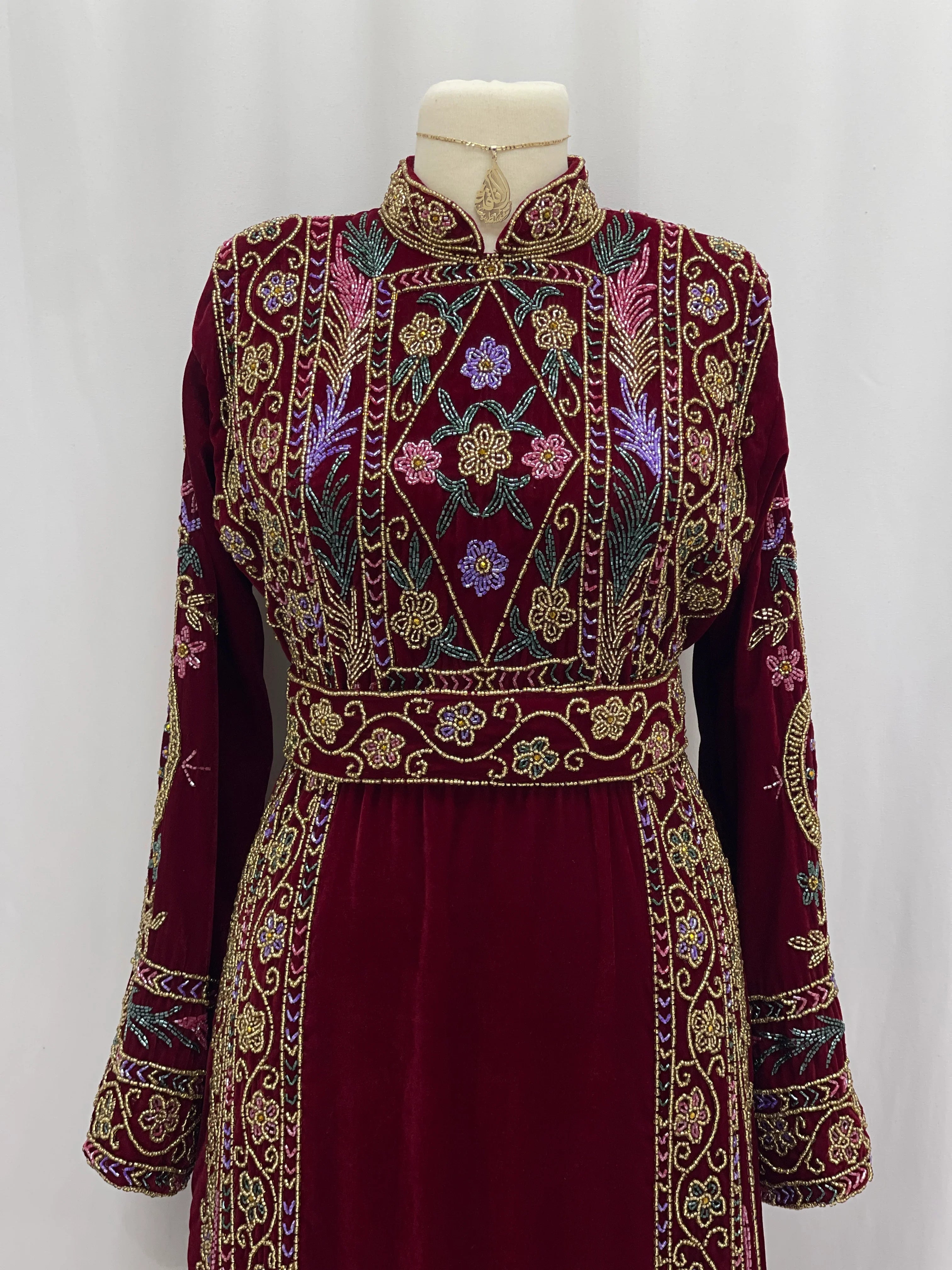 Maroon Beaded Velvet Thobe - Palestinian Elegance
