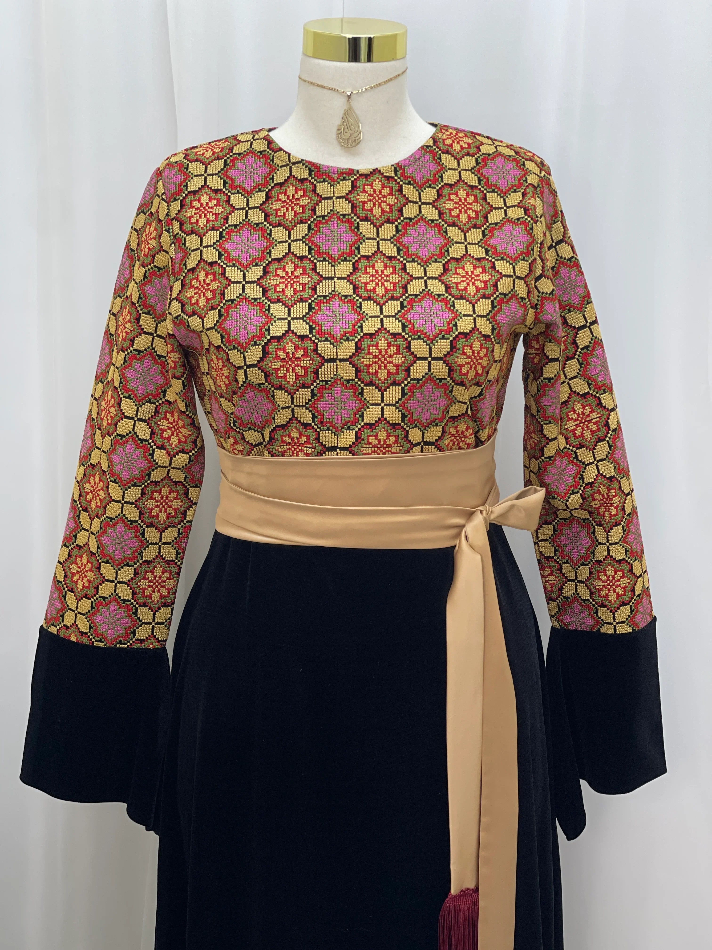 Embroidered Velvet Maxi Dress with Satin Belt