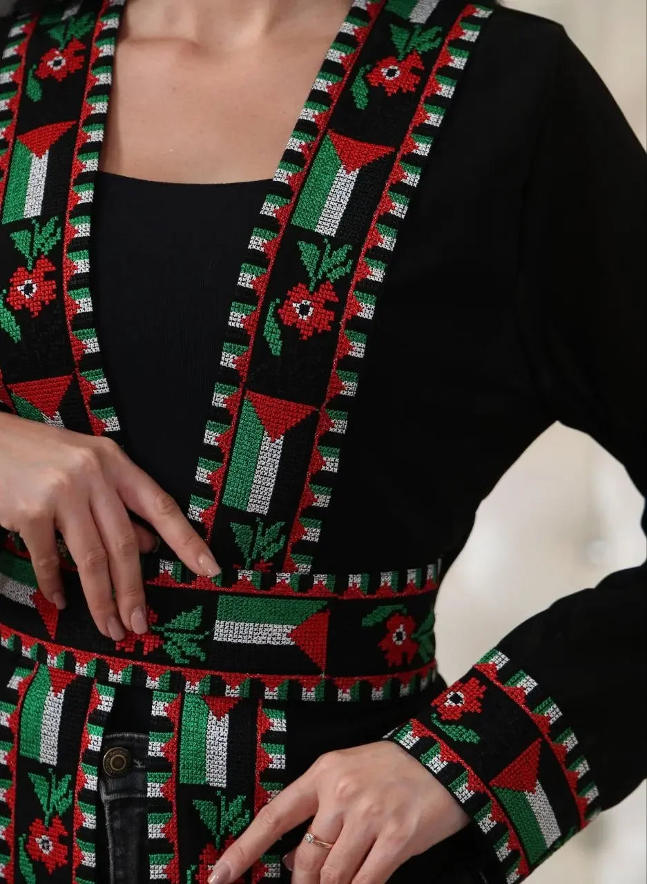 Chiffon Cardigan with Embroidered Palestinian Flag – Cultural Statement Piece Palestinian Elegance