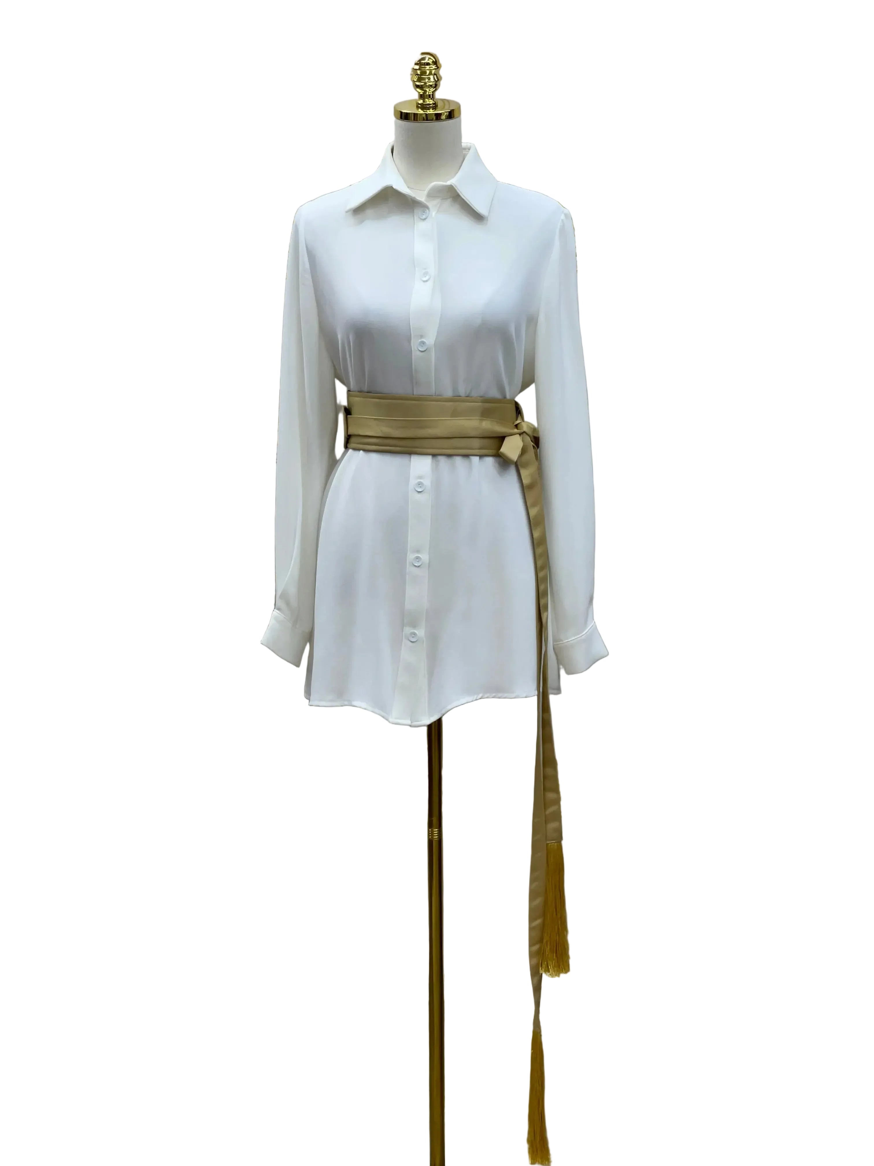 Luxury satin belt for dresses by Palestinian Elegance styled on white button-down dress on mannequin
