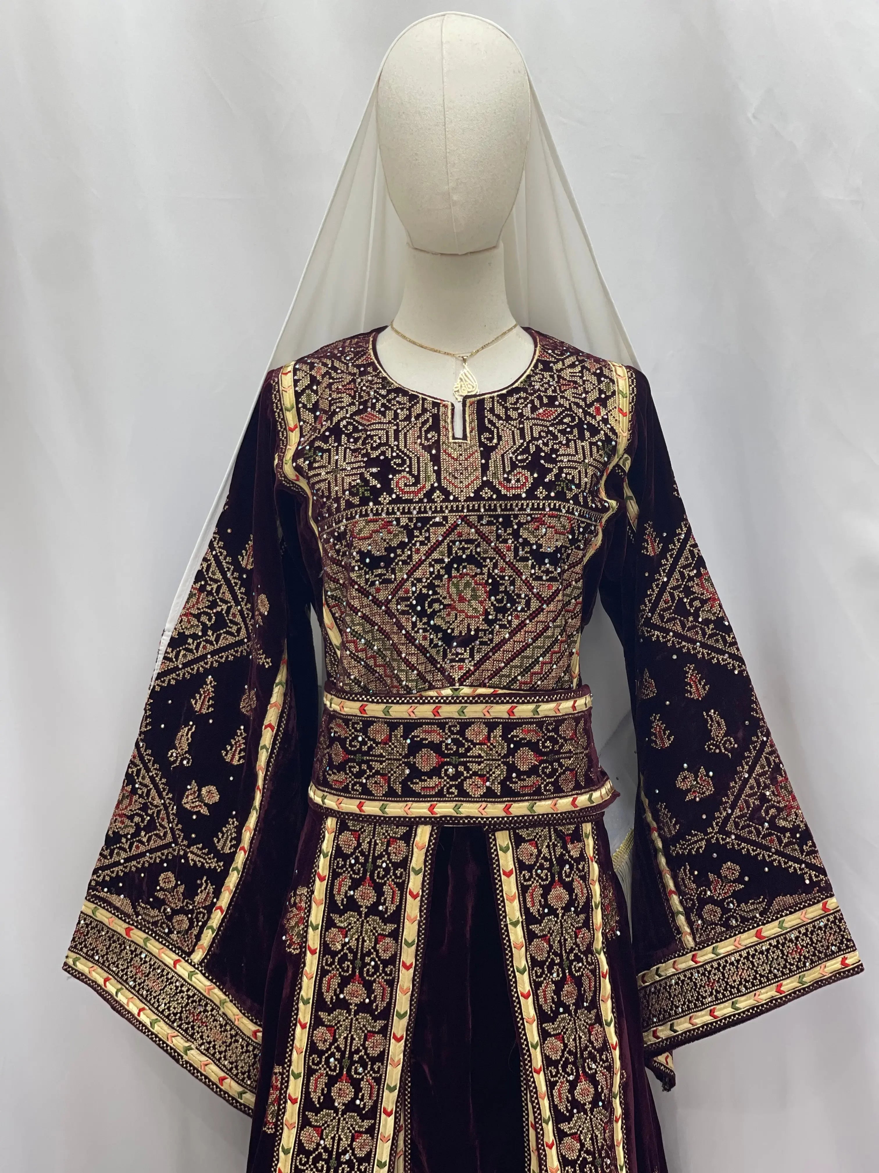 Maroon Velvet Thoub With Matching Overskirt Palestinian Elegance