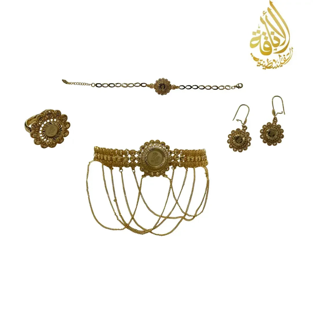 Palestinian Elegance gold jewelry set for women with ring, bracelet, earrings, and layered chain design