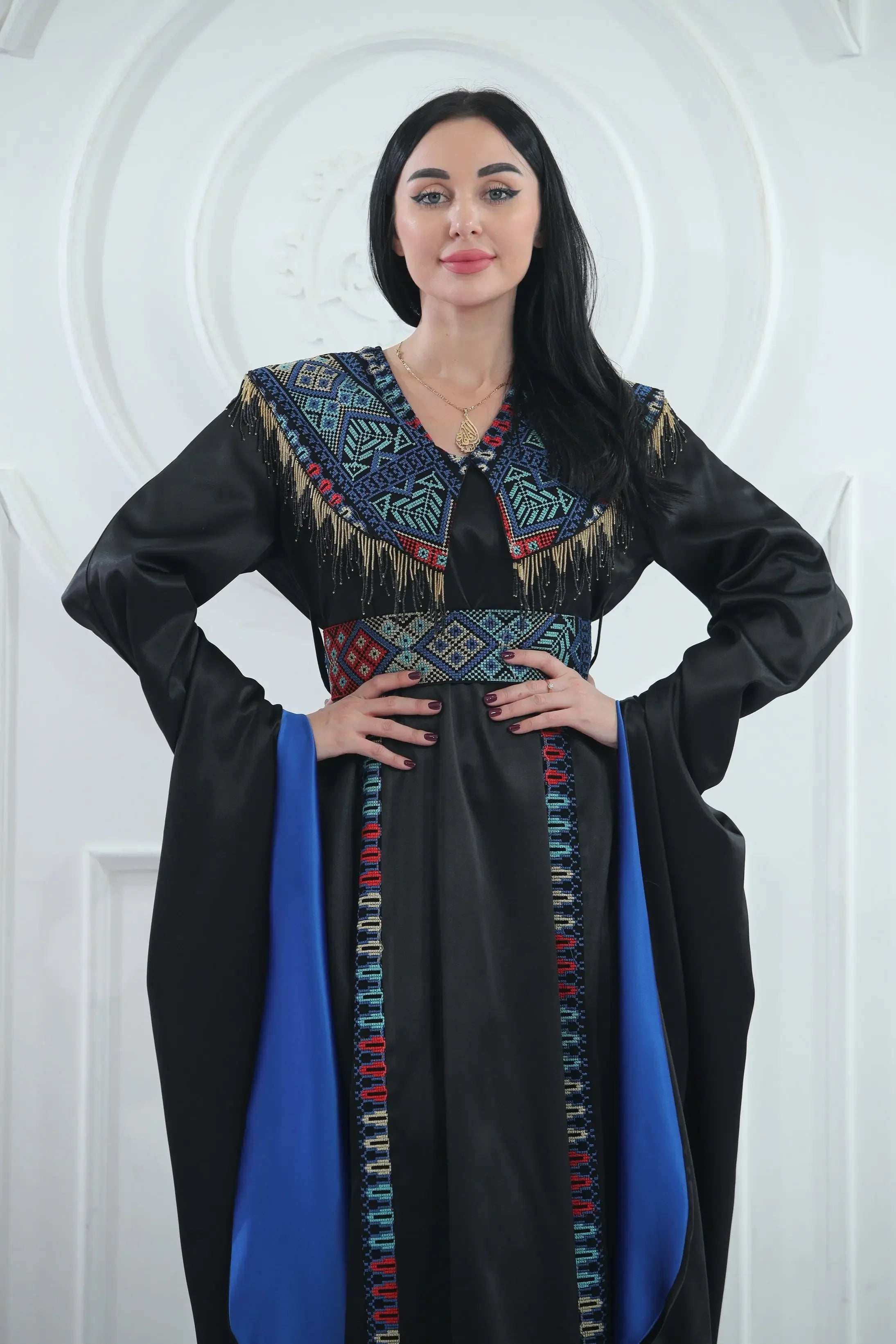 Embroidered Satin Dress With handmade Beads Palestinian Elegance