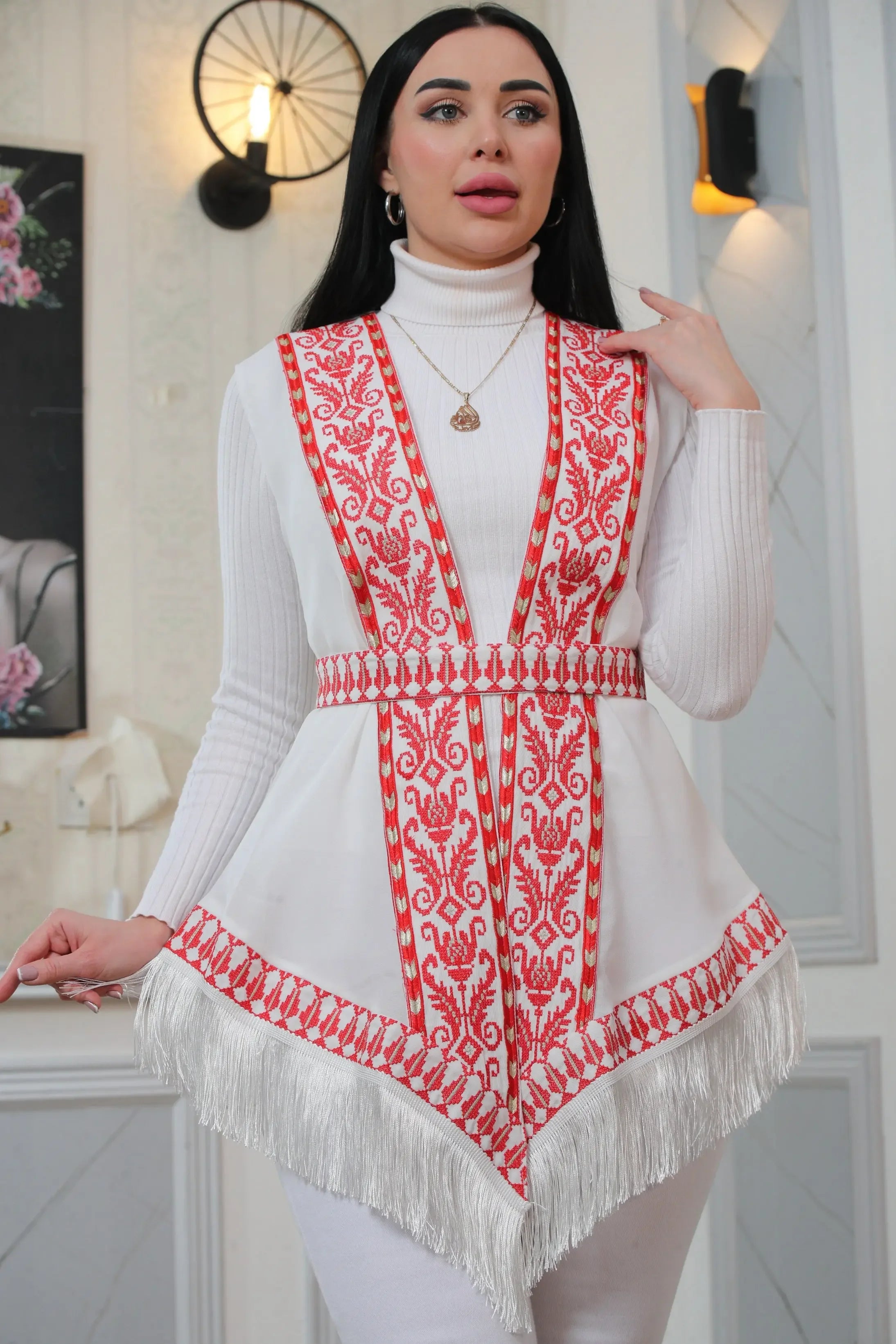 Embroidered Chiffon Vest With Tassels Palestinian Elegance