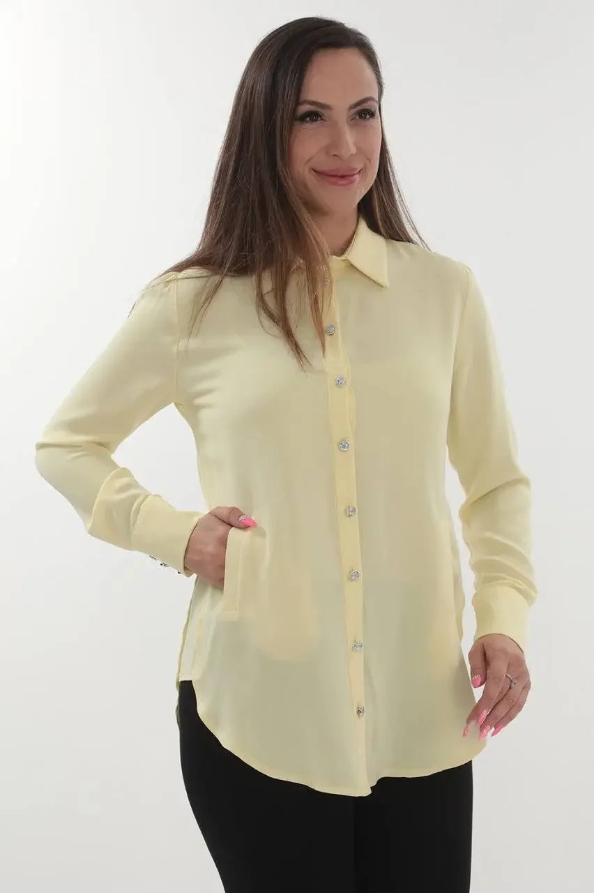 Palestinian Elegance casual embroidered blouse for women in soft yellow long sleeve design