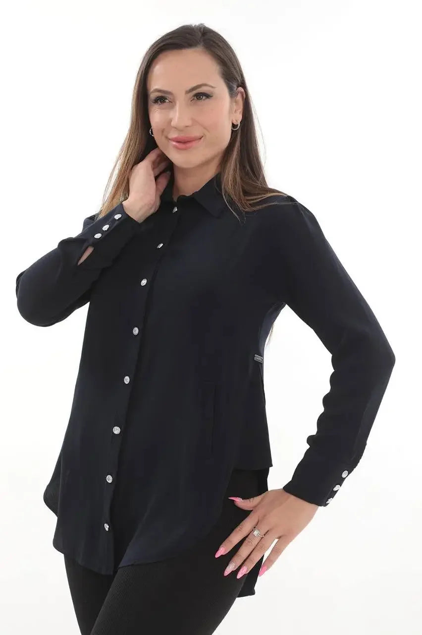 Black embroidered blouse for women with button-down front and long sleeves by Palestinian Elegance