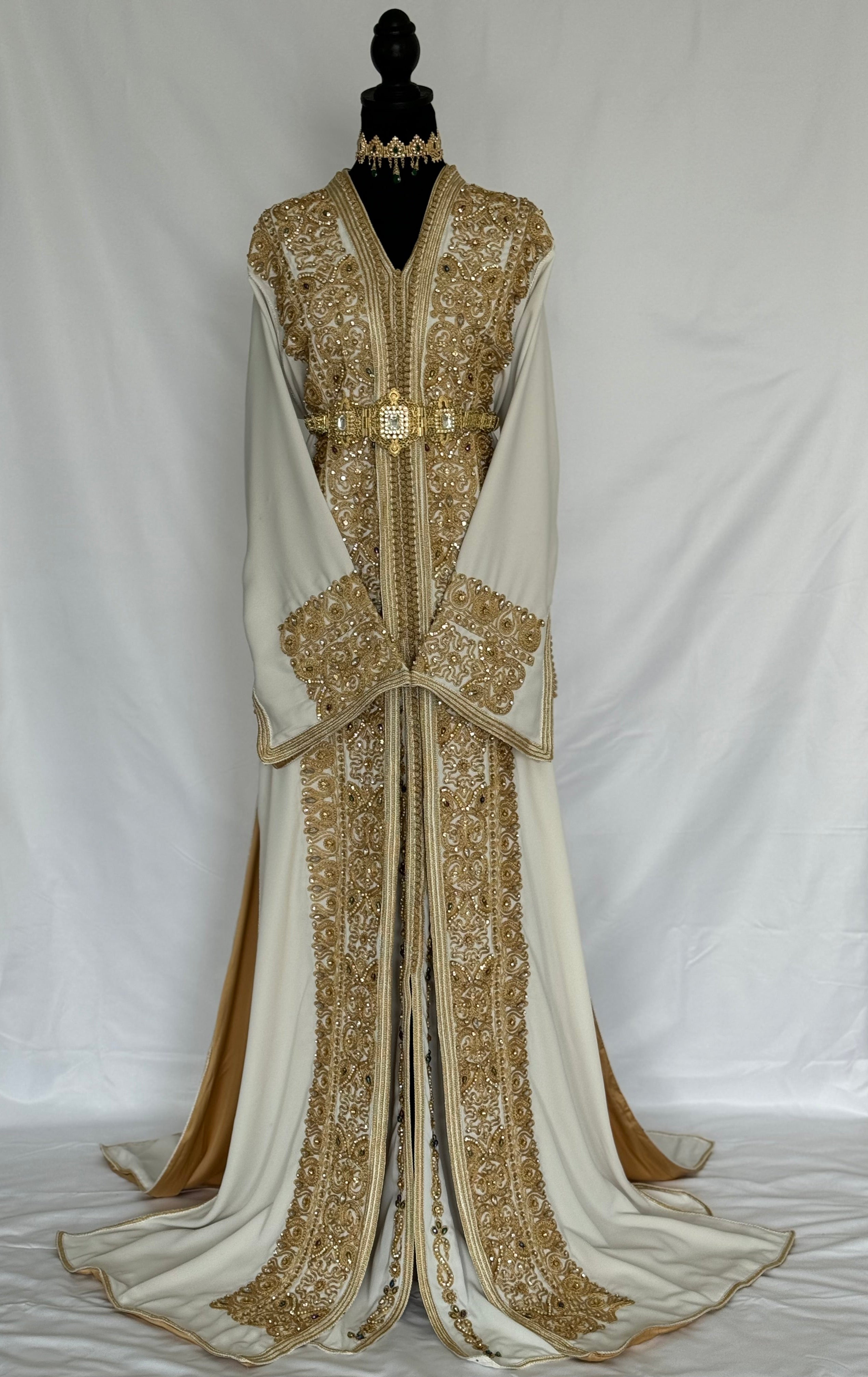 Handmade Silk Crepe Moroccan Kaftan: Gold Thread Embroidery, Belted Takchita