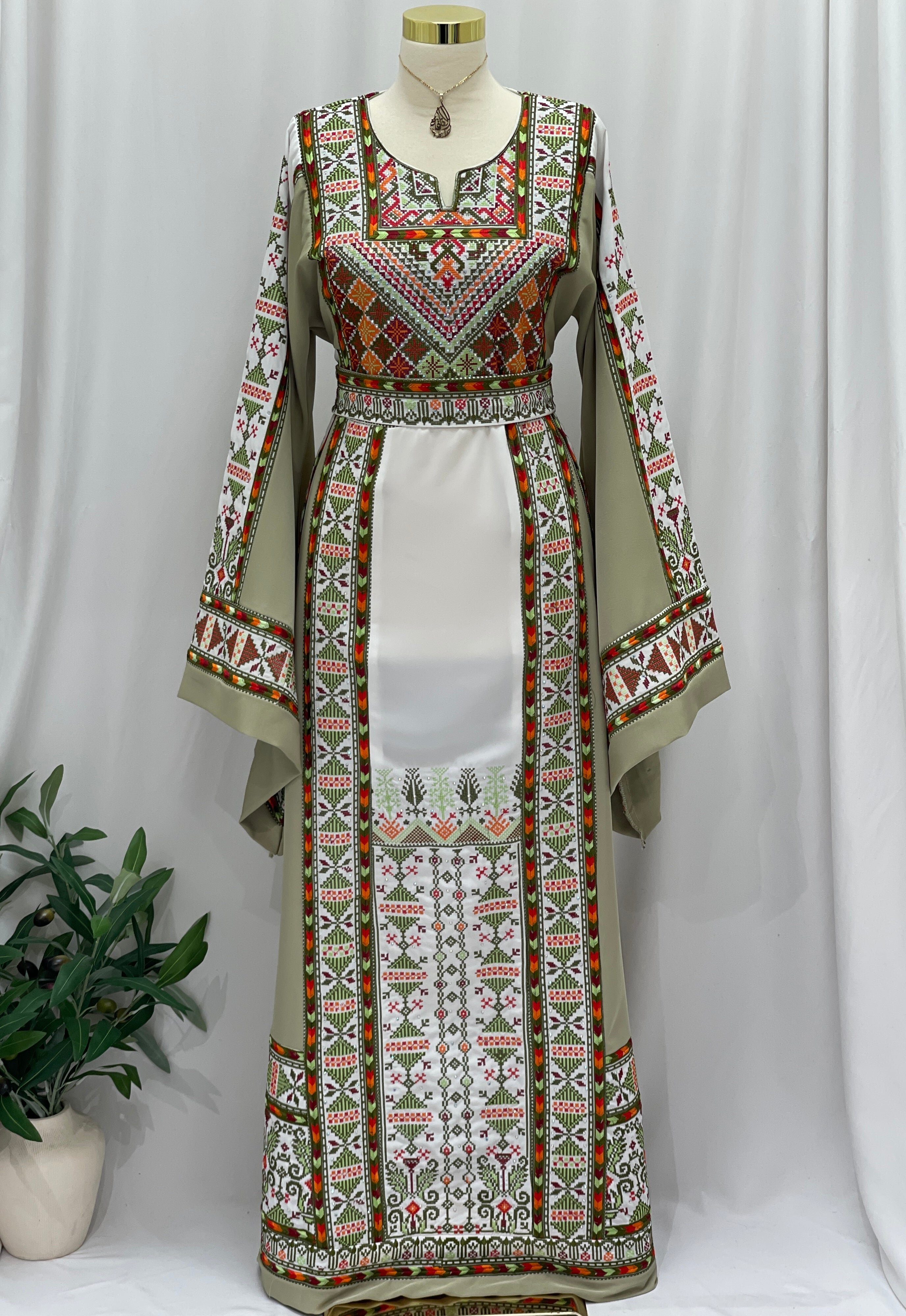 Olive Heritage Embroidered Thobe | Classic Modest Embroidery