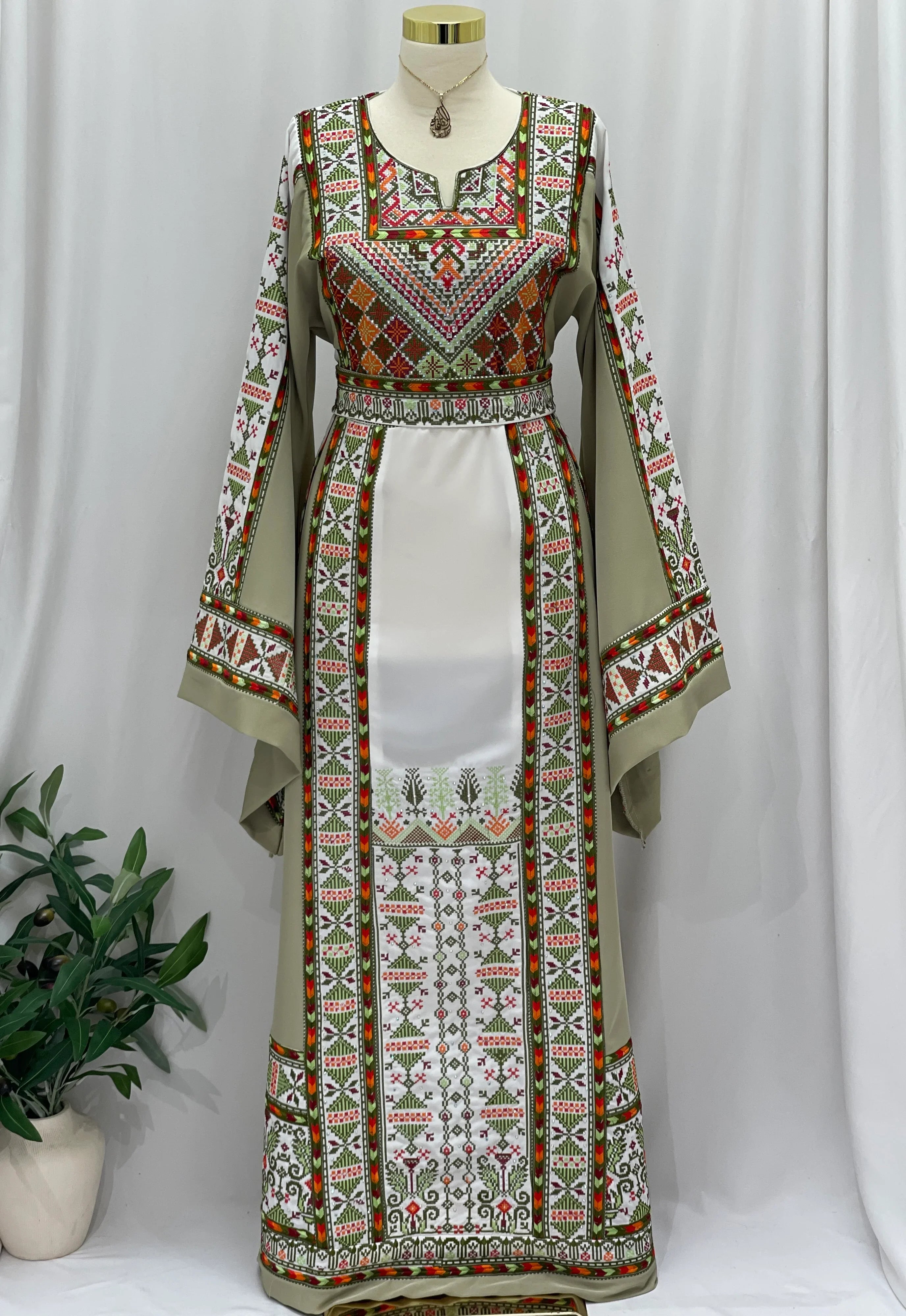 Olive Heritage Embroidered Thobe | Classic Modest Embroidery